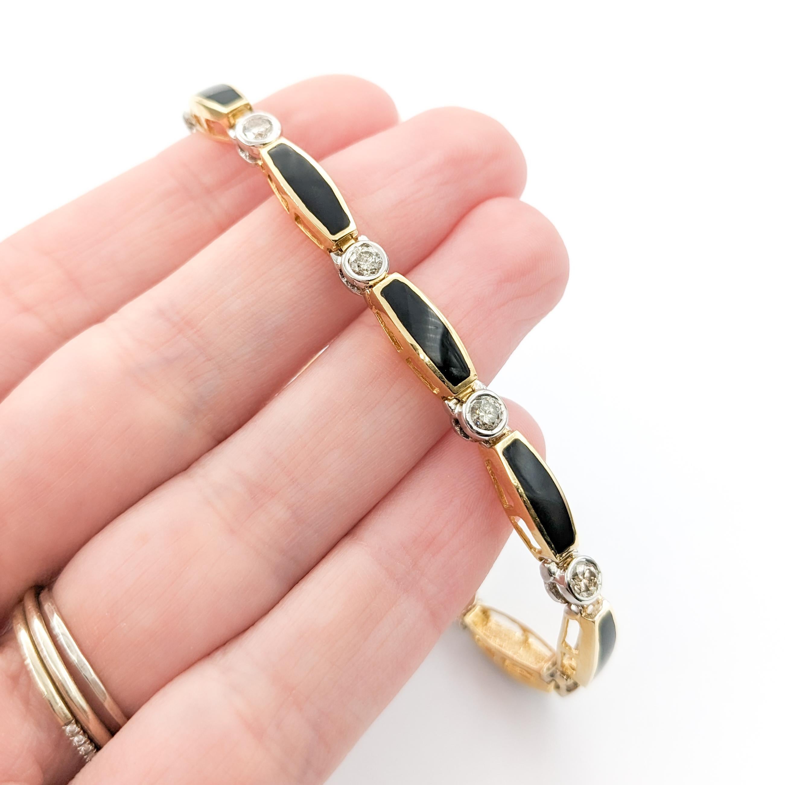 Contemporary Diamond & Onyx Yellow Gold Tennis Bracelet For Sale
