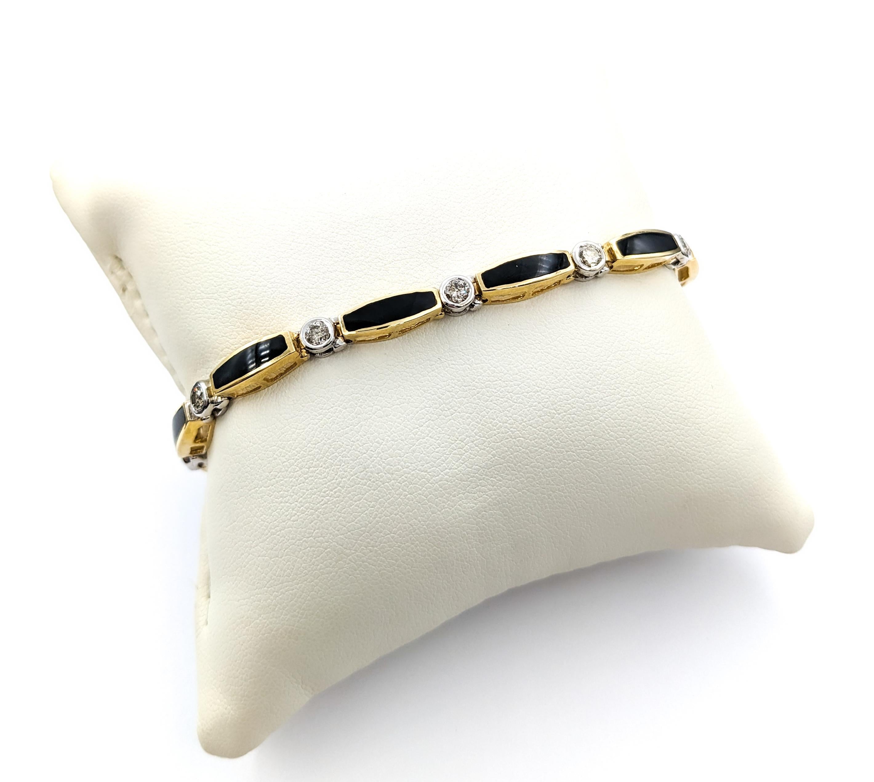 Diamond & Onyx Yellow Gold Tennis Bracelet In Excellent Condition For Sale In Bloomington, MN