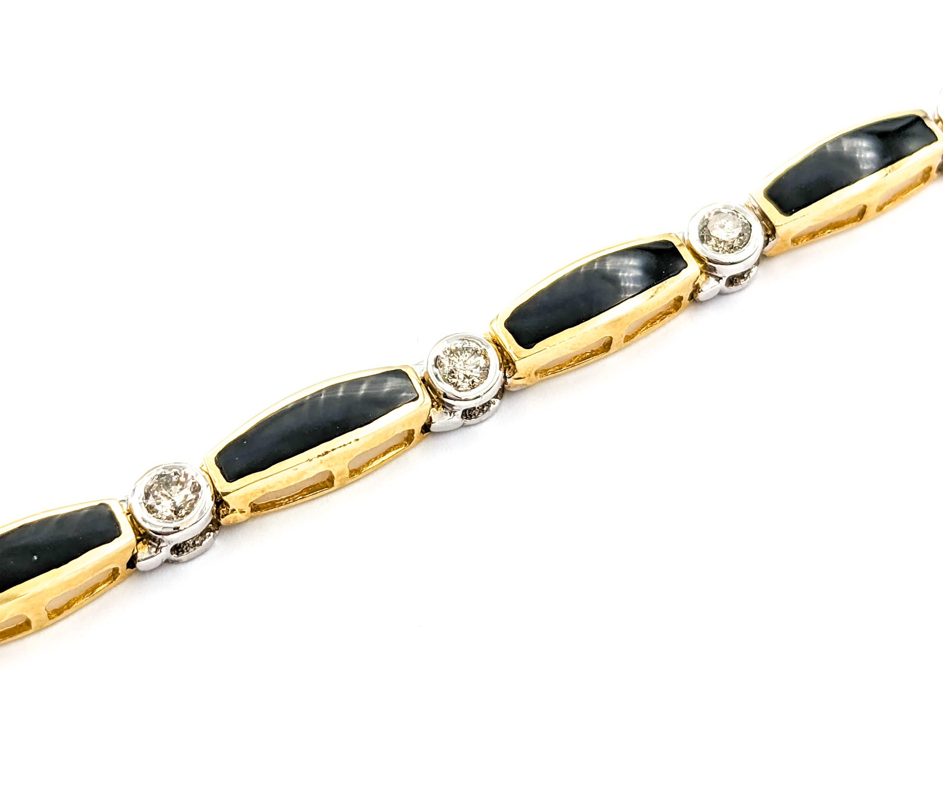 Women's Diamond & Onyx Yellow Gold Tennis Bracelet For Sale