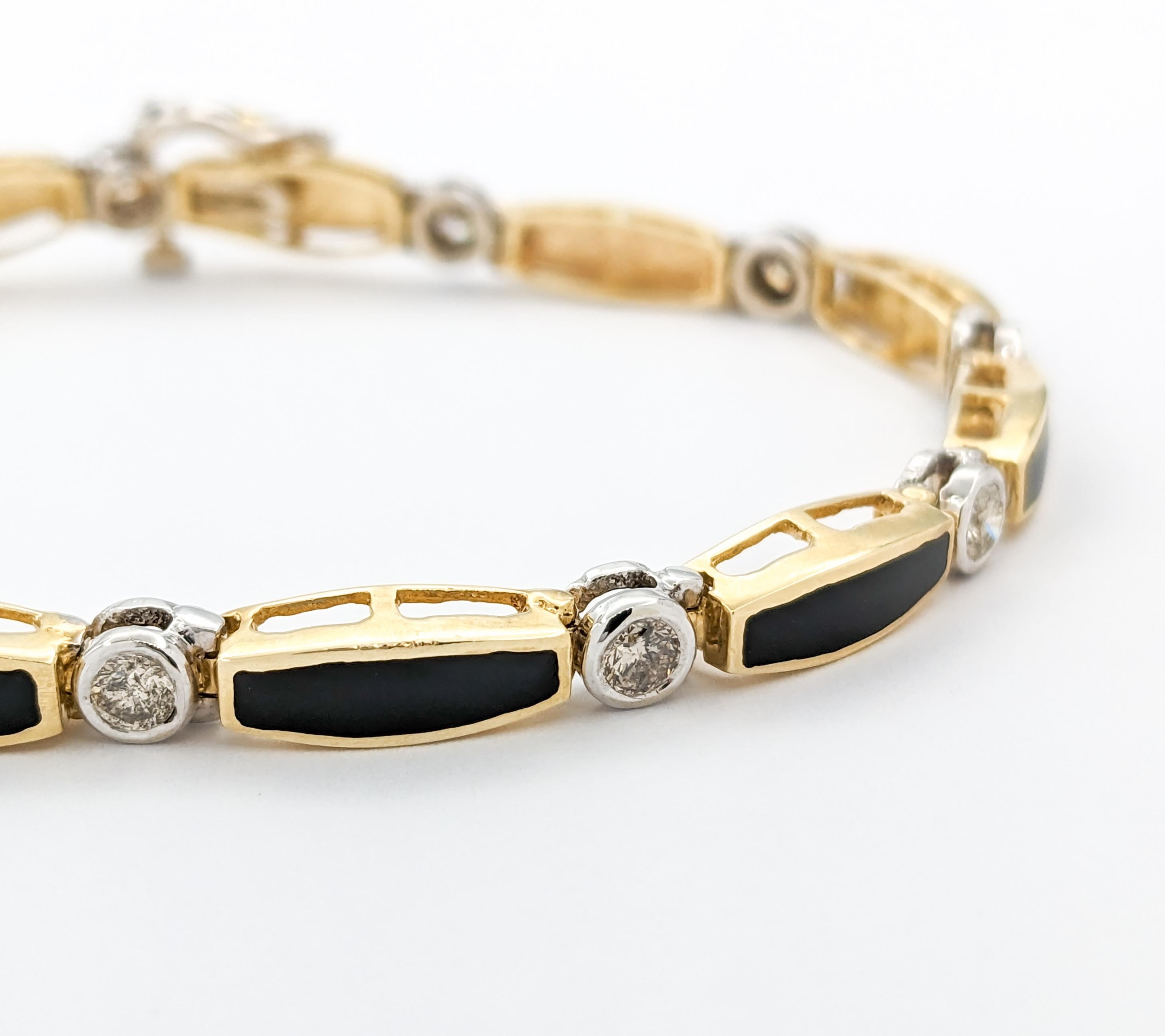 Diamond & Onyx Yellow Gold Tennis Bracelet For Sale 1