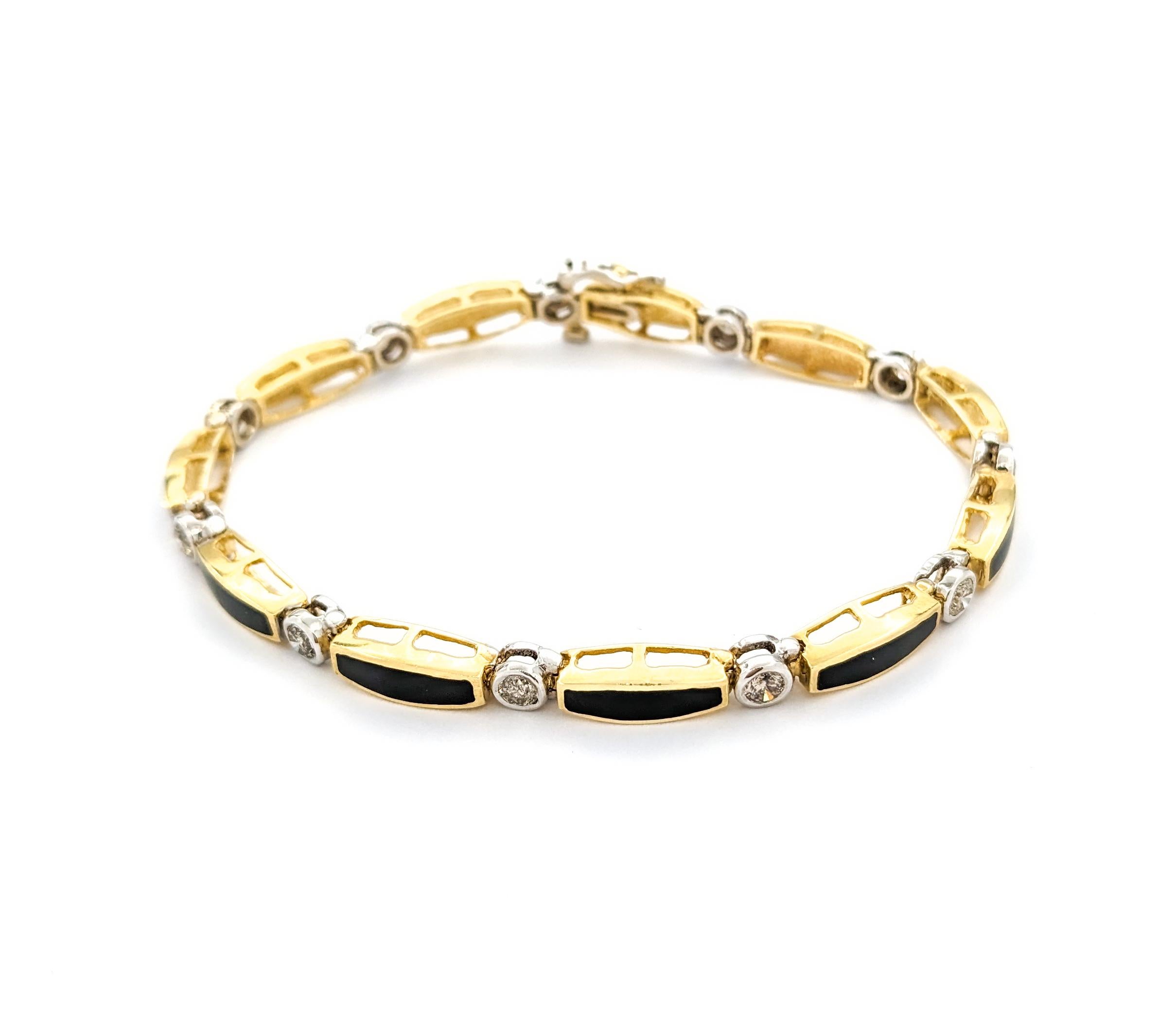 Diamond & Onyx Yellow Gold Tennis Bracelet For Sale 2