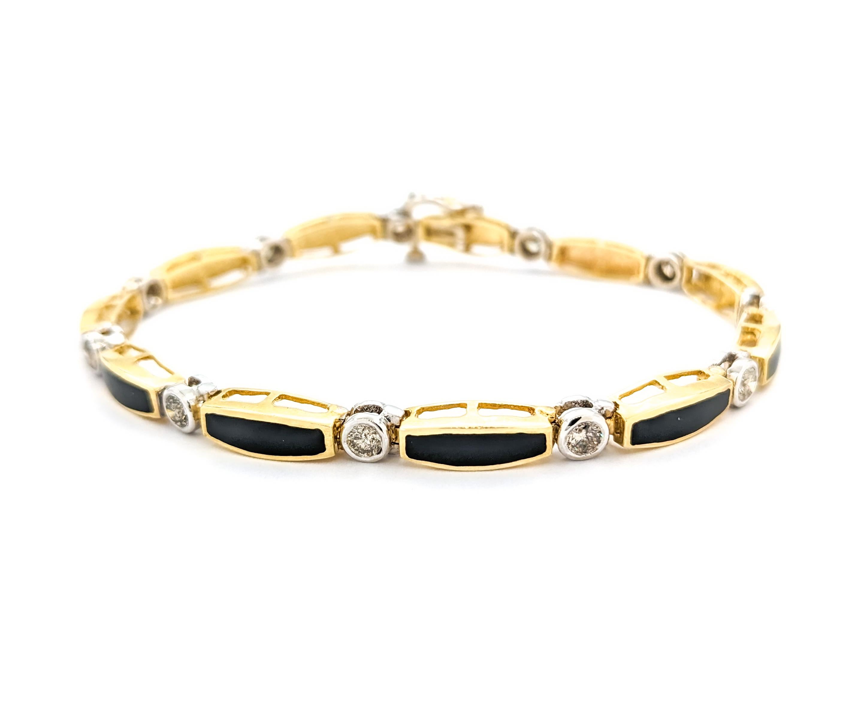 Diamond & Onyx Yellow Gold Tennis Bracelet For Sale 3