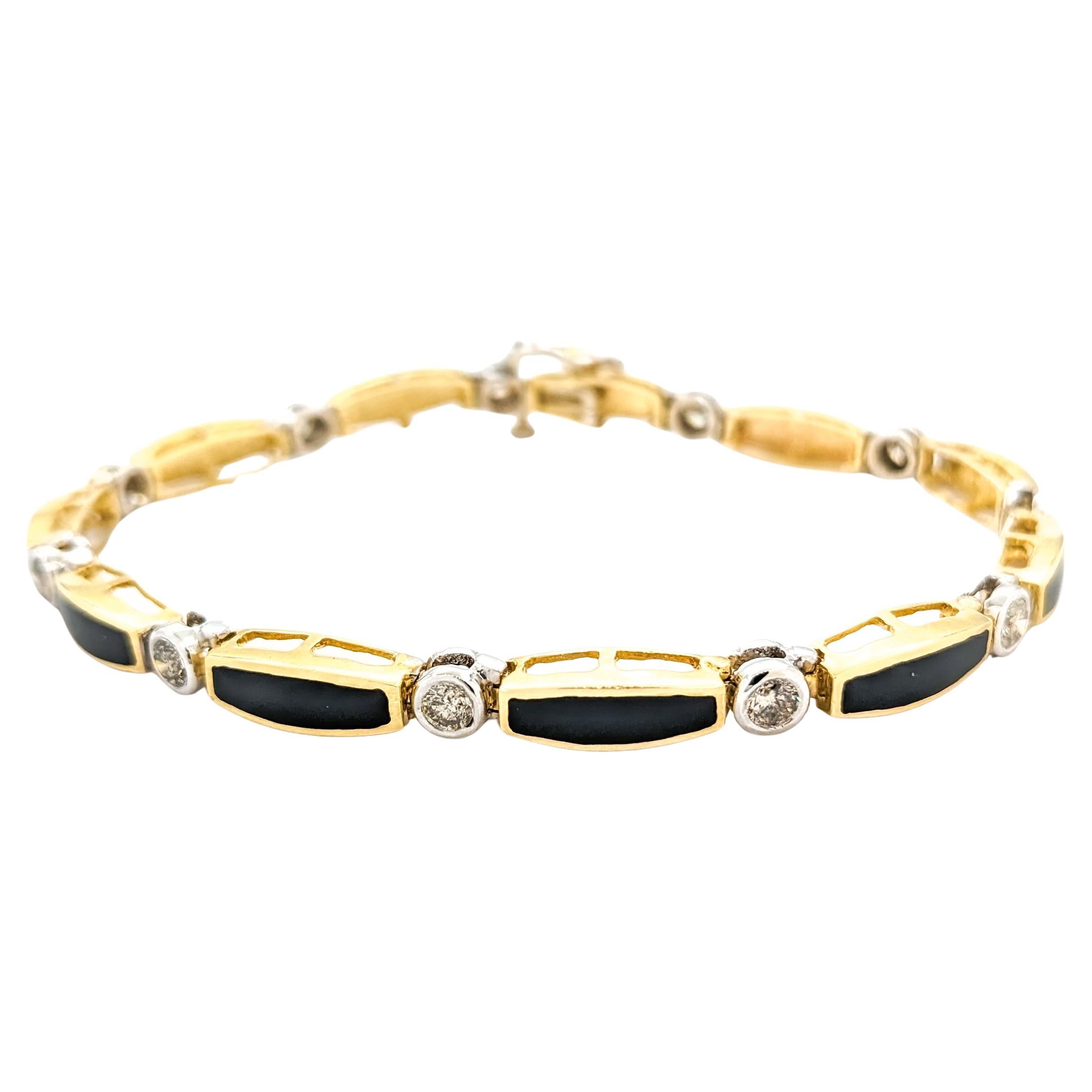 Diamond & Onyx Yellow Gold Tennis Bracelet For Sale