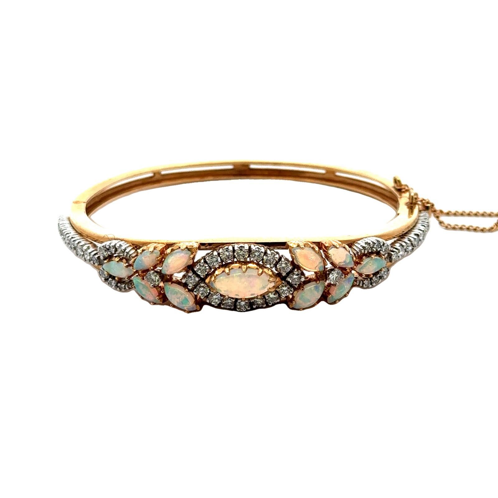 Mixed Cut Diamond Opal 14 Karat Yellow Gold Oval Hinged Bangle Bracelet
