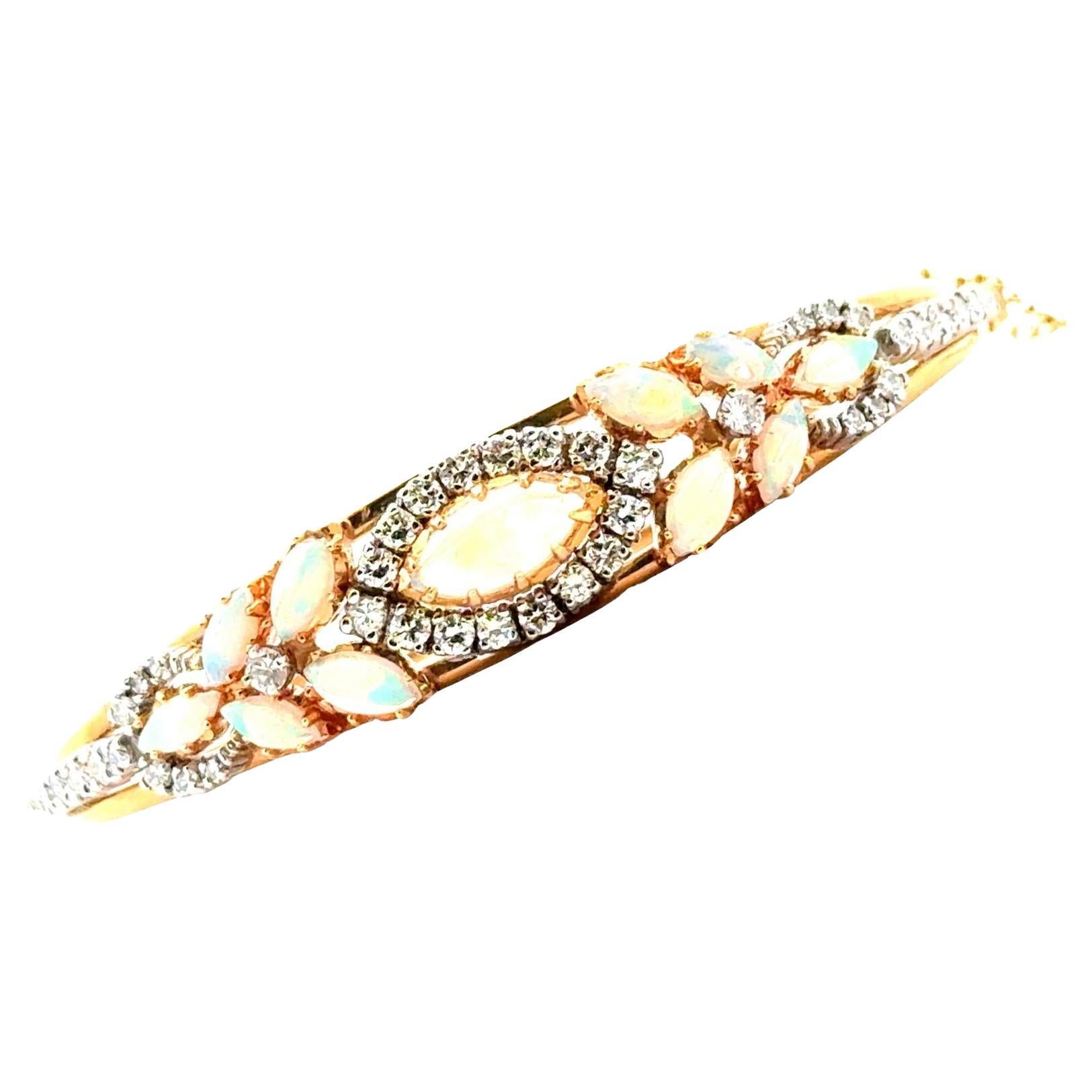 Diamond Opal 14 Karat Yellow Gold Oval Hinged Bangle Bracelet