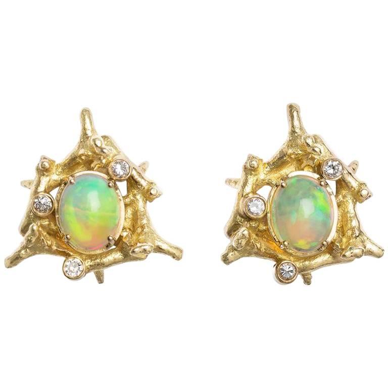 Diamond Opal 18 Carat Yellow Gold ClipOn Earrings For Sale at 1stDibs