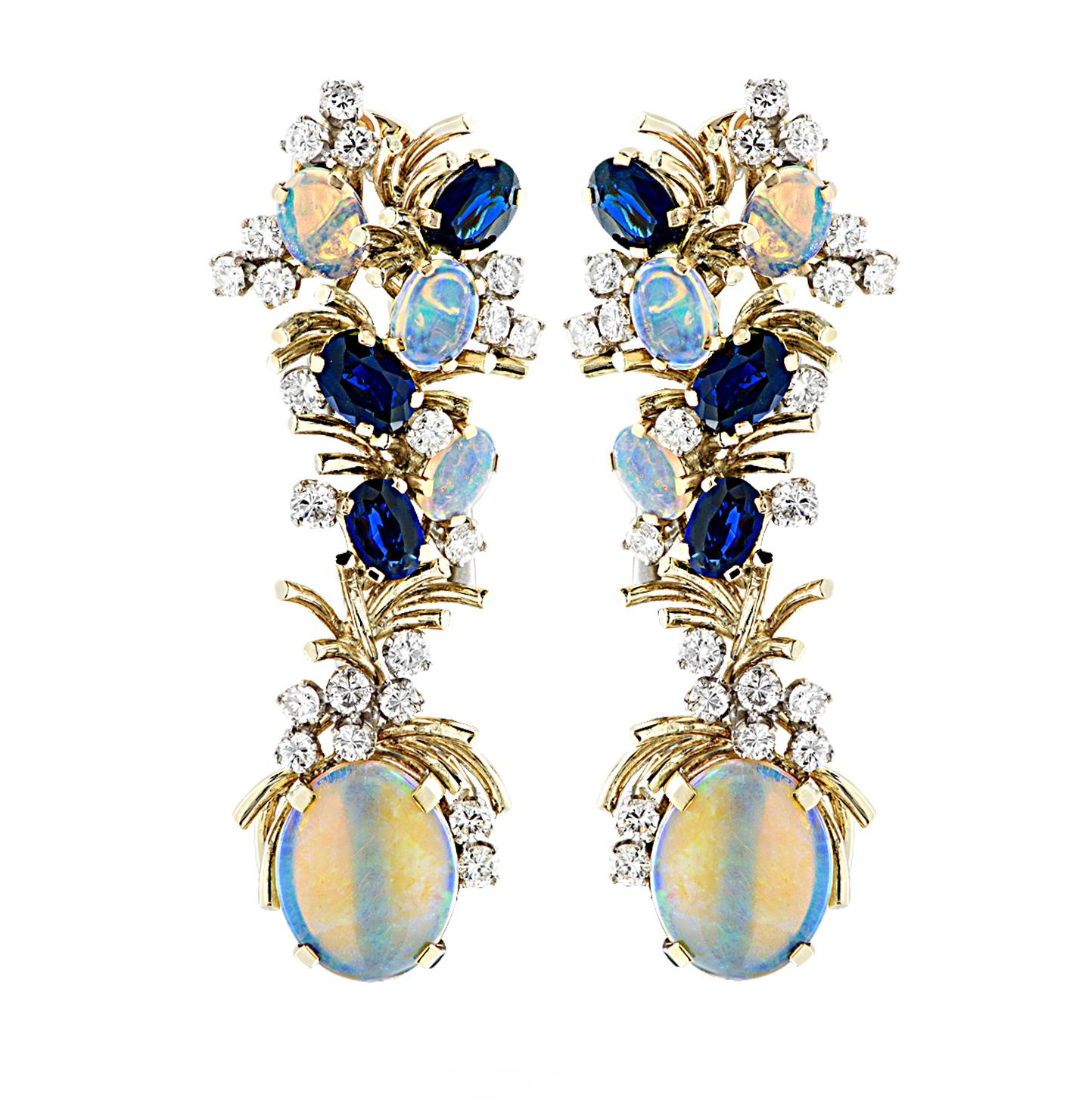 Modern Diamond Opal and Sapphire Dangle Earrings