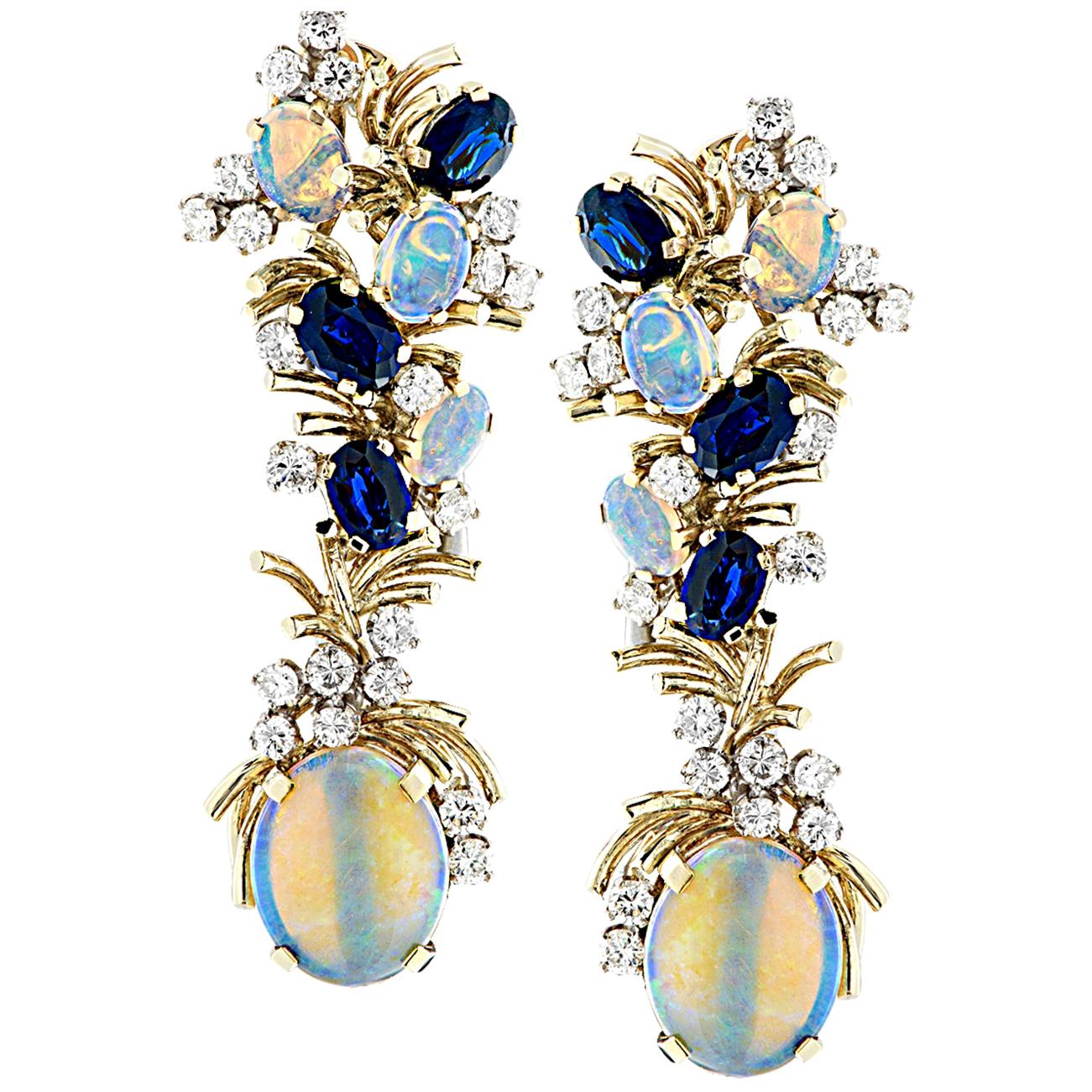 Diamond Opal and Sapphire Dangle Earrings
