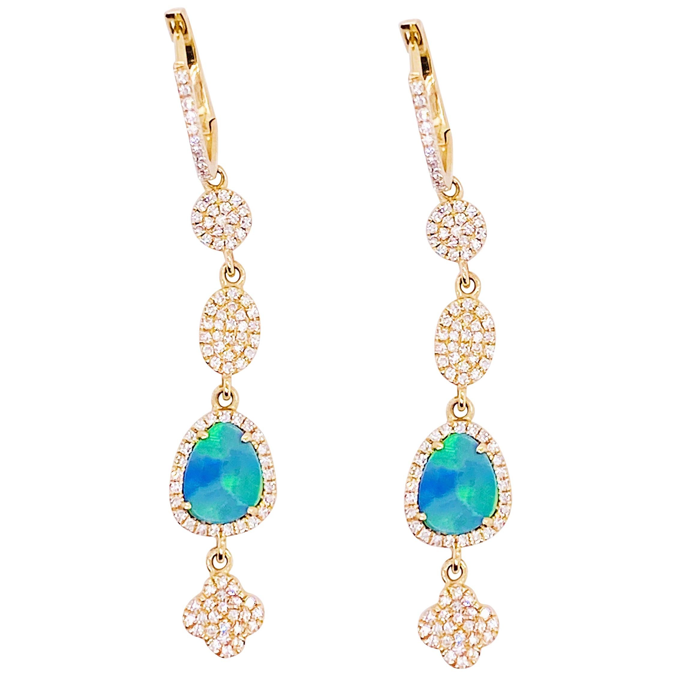 Diamond & Opal Earring Dangles 14 Karat Gold 2.25 Carat Opal & Diamond Earrings For Sale