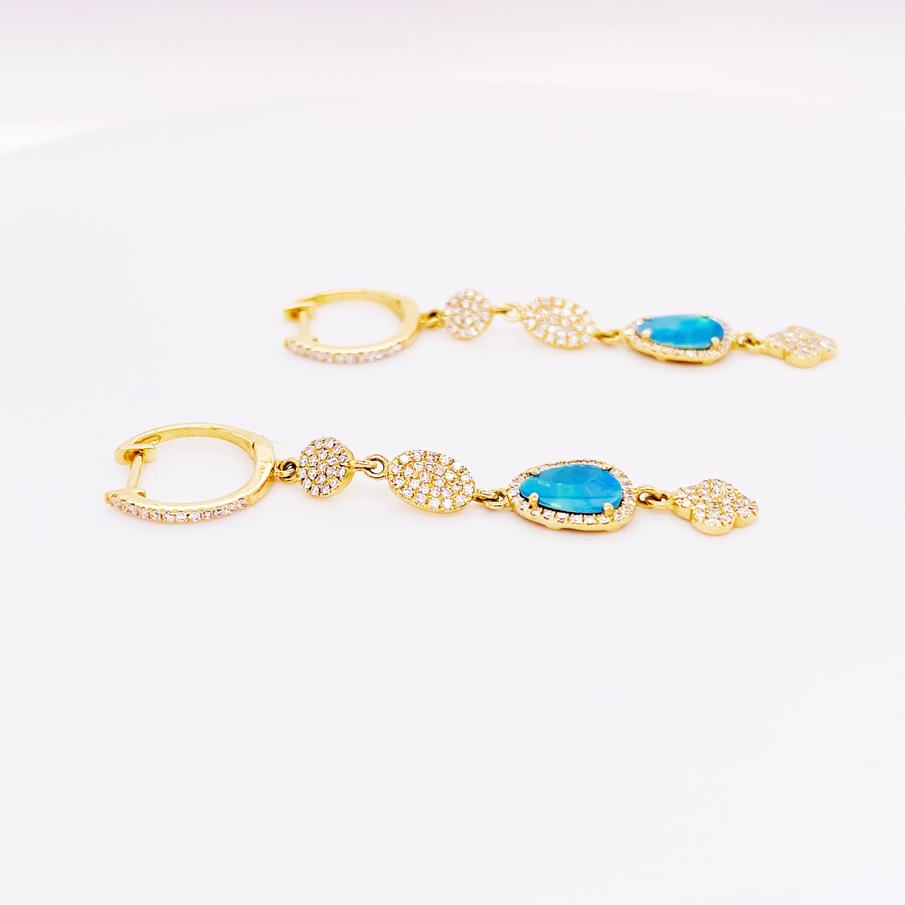 Artisan Diamond & Opal Earring Dangles 14 Karat Gold 2.25 Carat Opal & Diamond Earrings For Sale