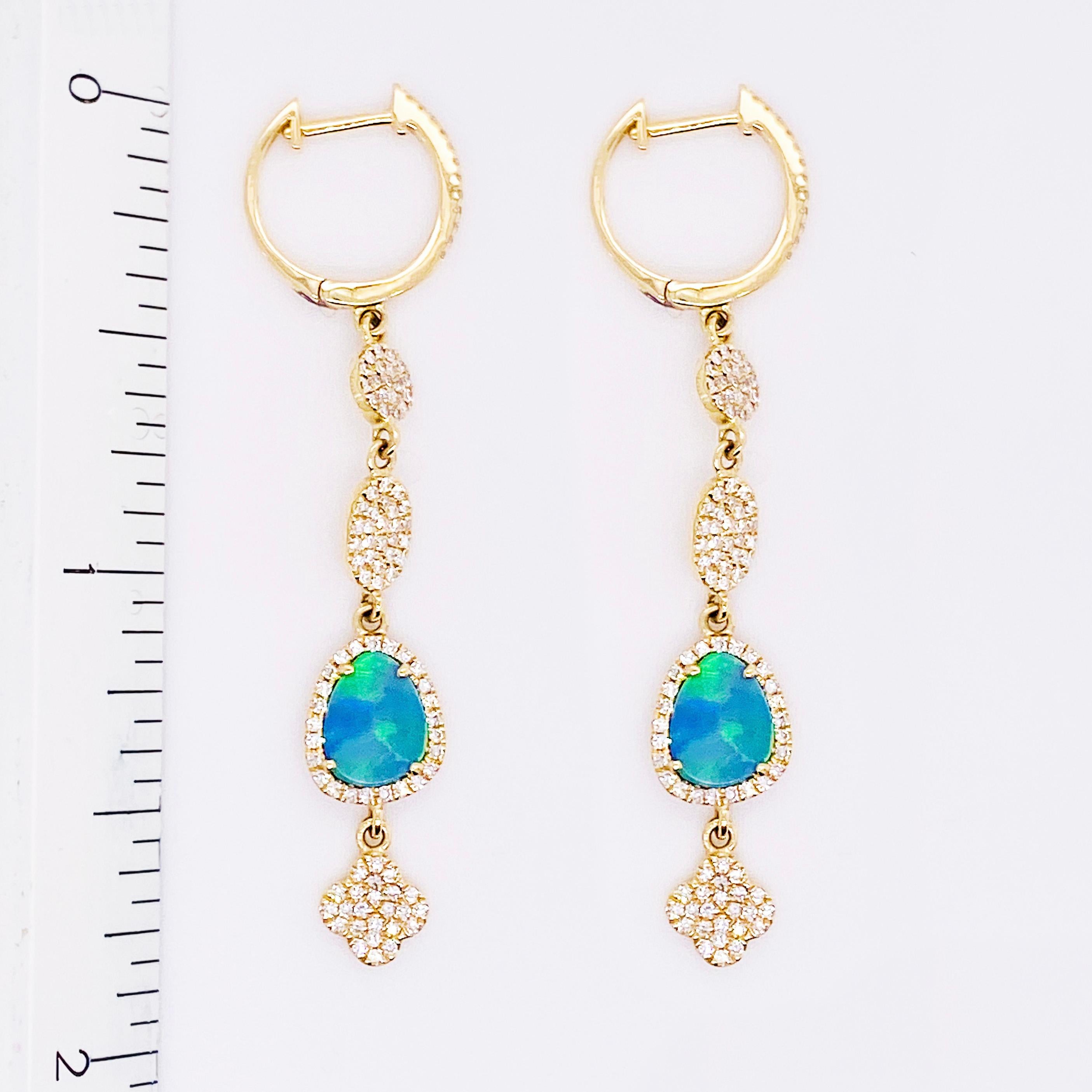 Diamond & Opal Earring Dangles 14 Karat Gold 2.25 Carat Opal & Diamond Earrings In New Condition For Sale In Austin, TX
