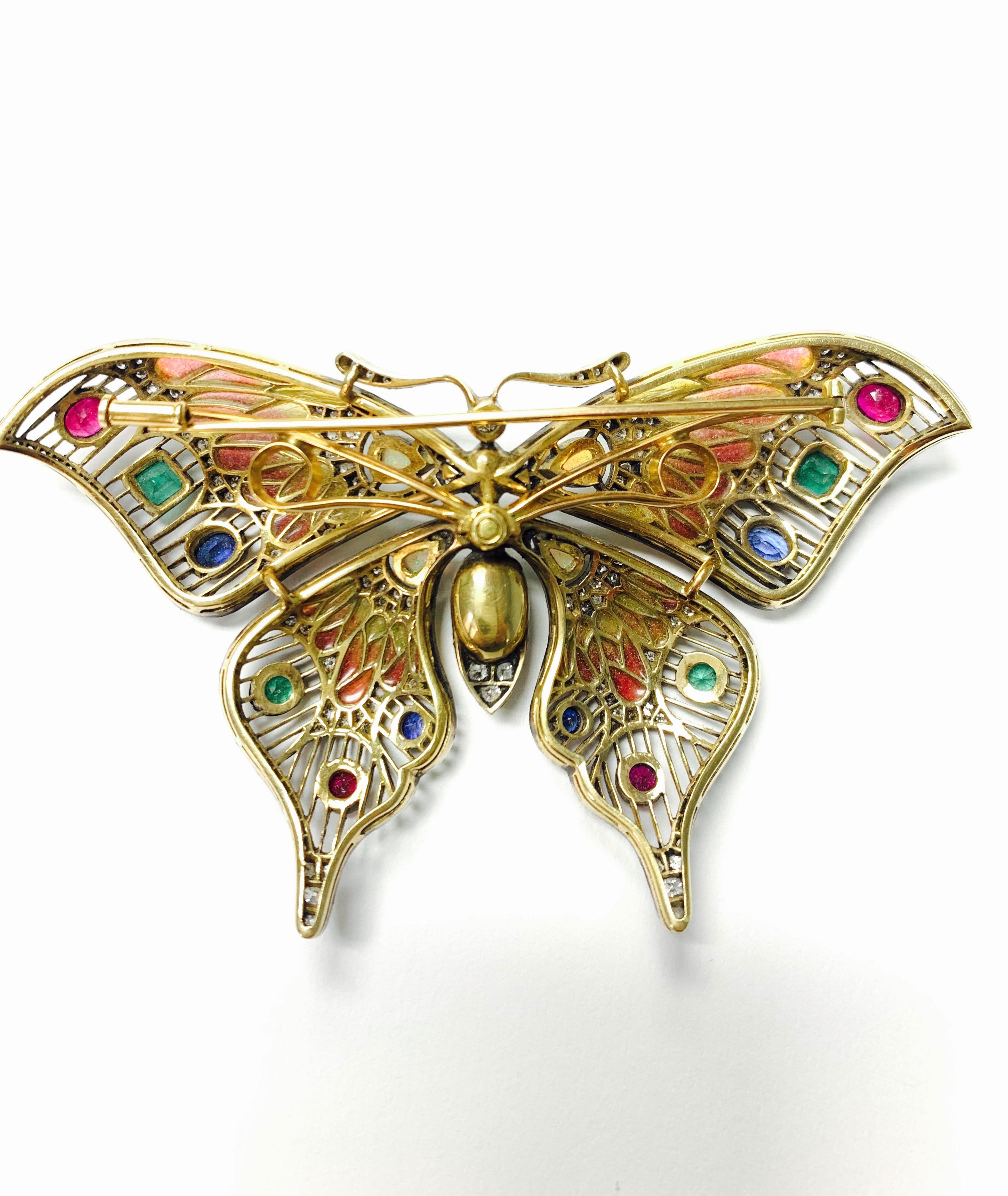 Diamond, Opal, Emerald, Blue Sapphire and Rubies Butterfly Brooch For Sale 2