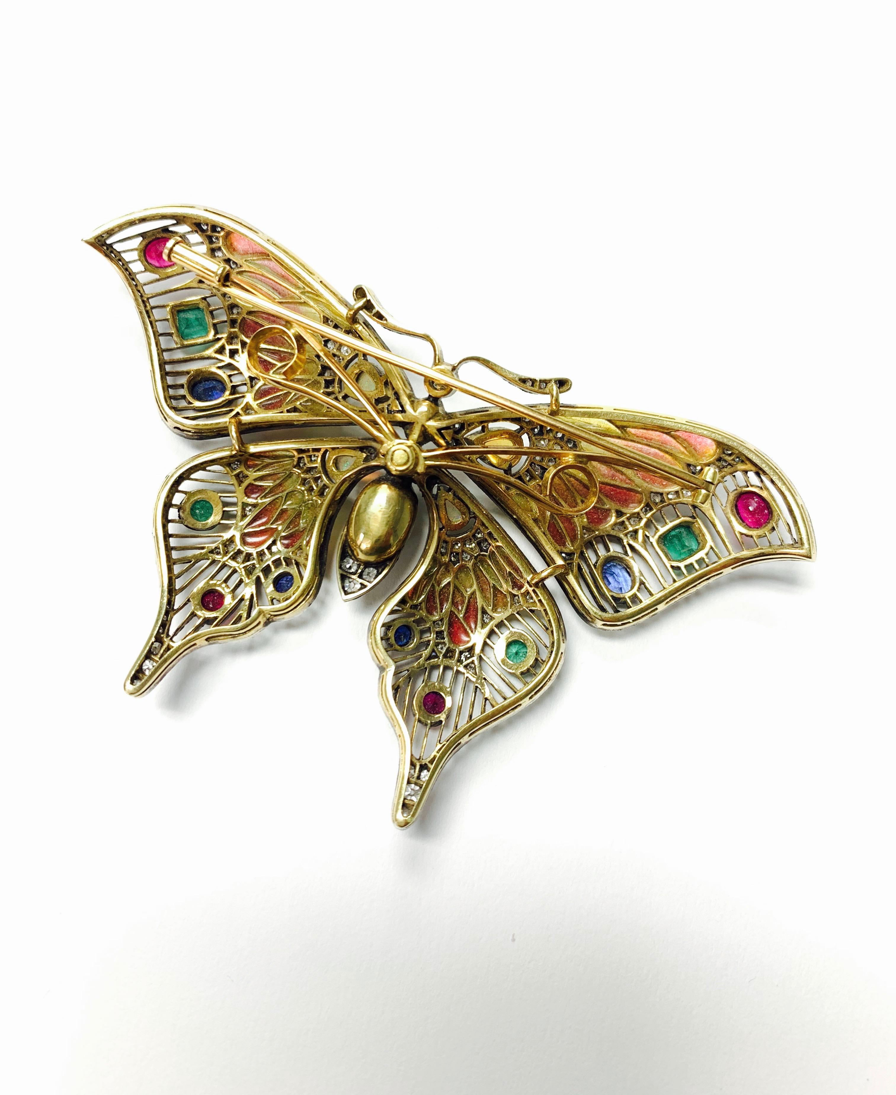 Diamond, Opal, Emerald, Blue Sapphire and Rubies Butterfly Brooch For Sale 3