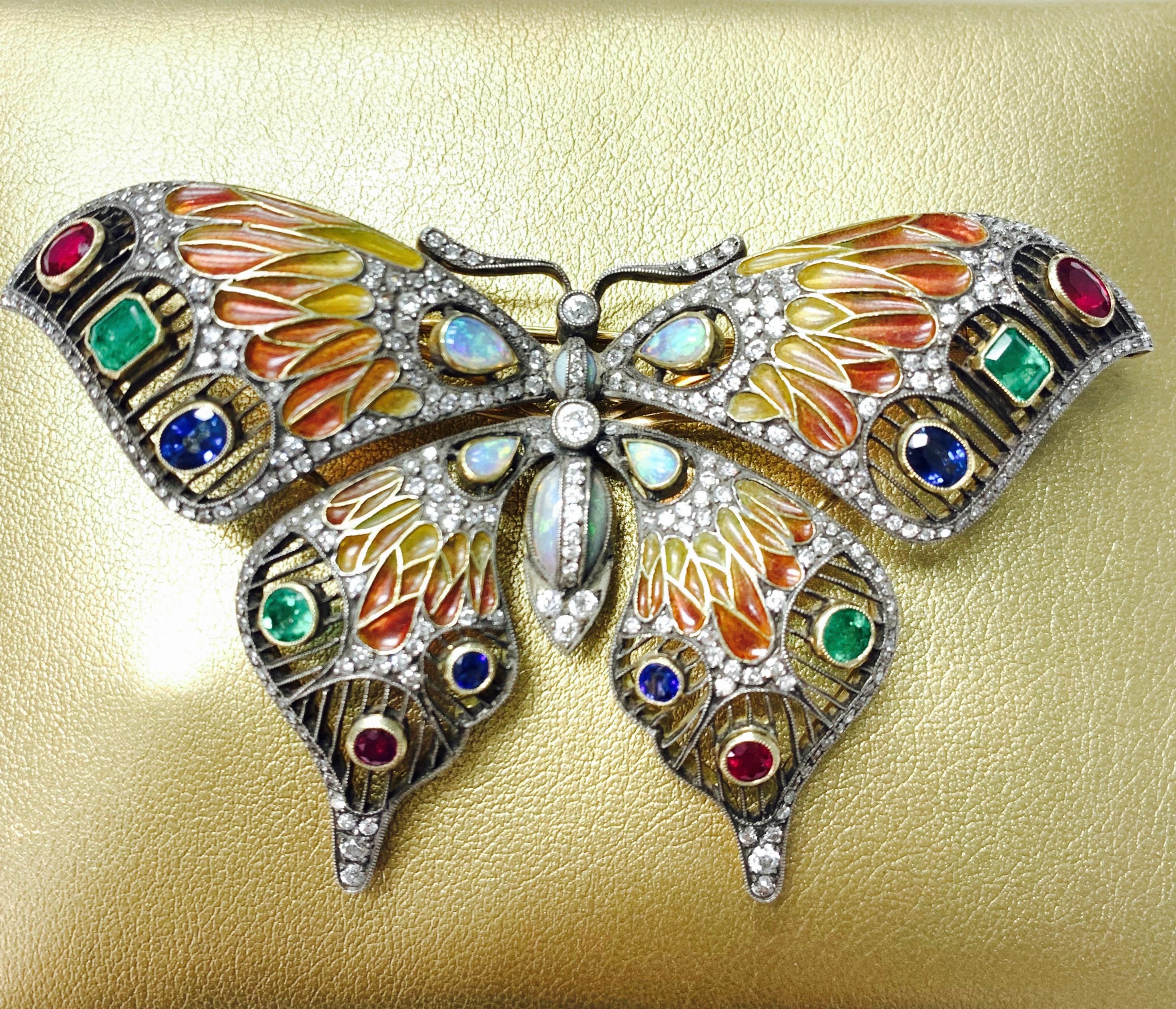 Diamond, Opal, Emerald, Blue Sapphire and Rubies Butterfly Brooch For Sale 4