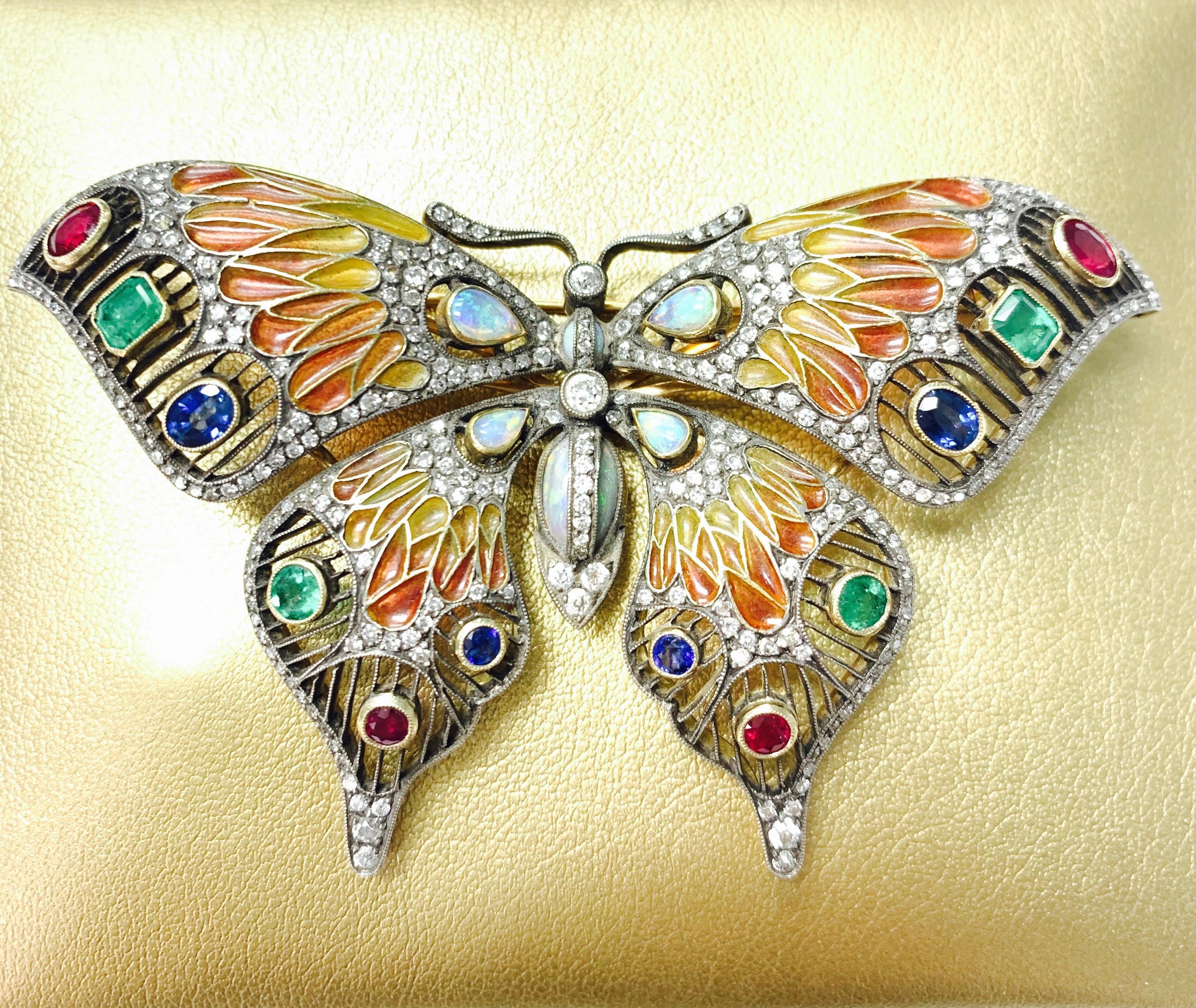 Diamond, Opal, Emerald, Blue Sapphire and Rubies Butterfly Brooch For Sale 5
