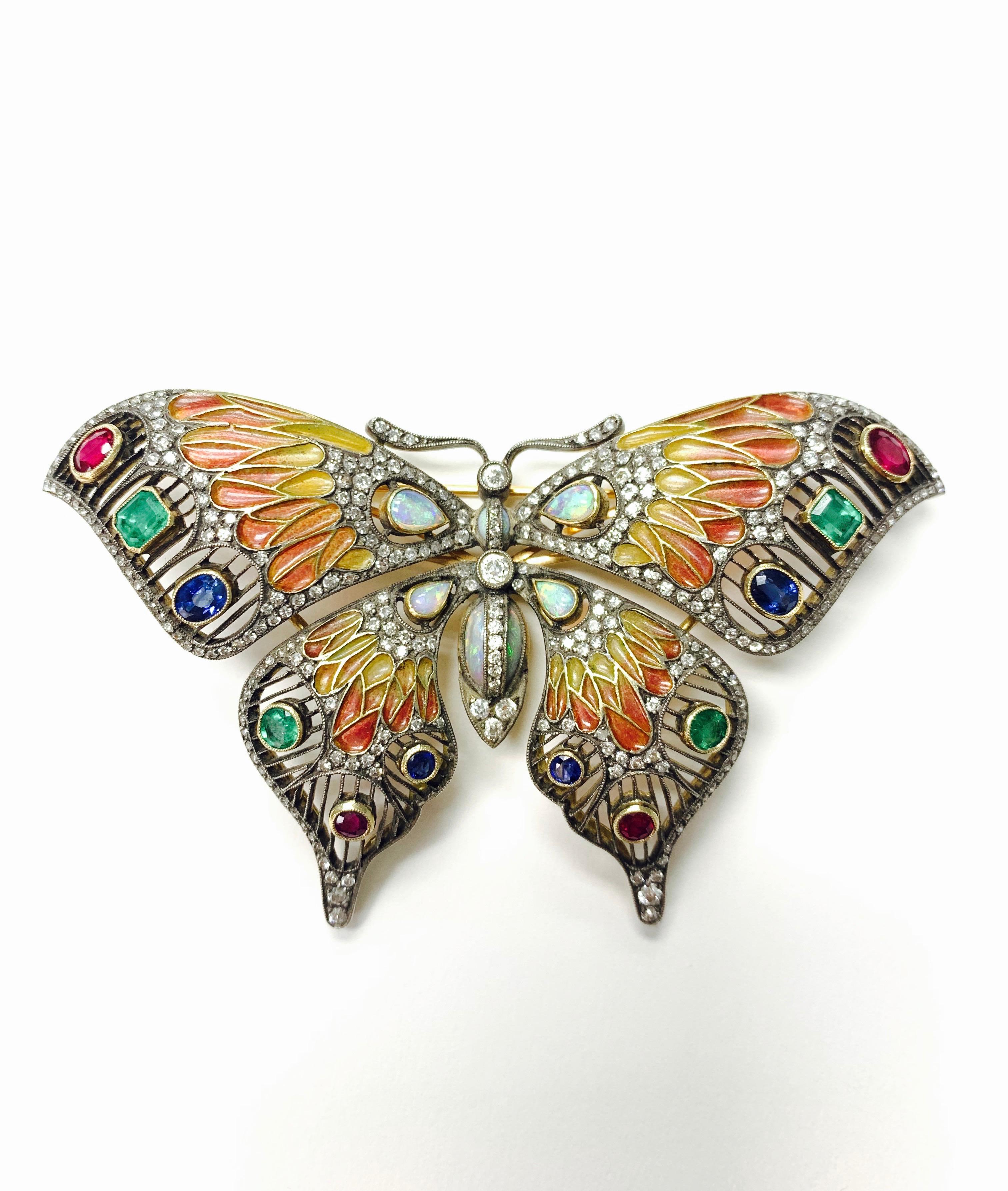 Oval Cut Diamond, Opal, Emerald, Blue Sapphire and Rubies Butterfly Brooch For Sale