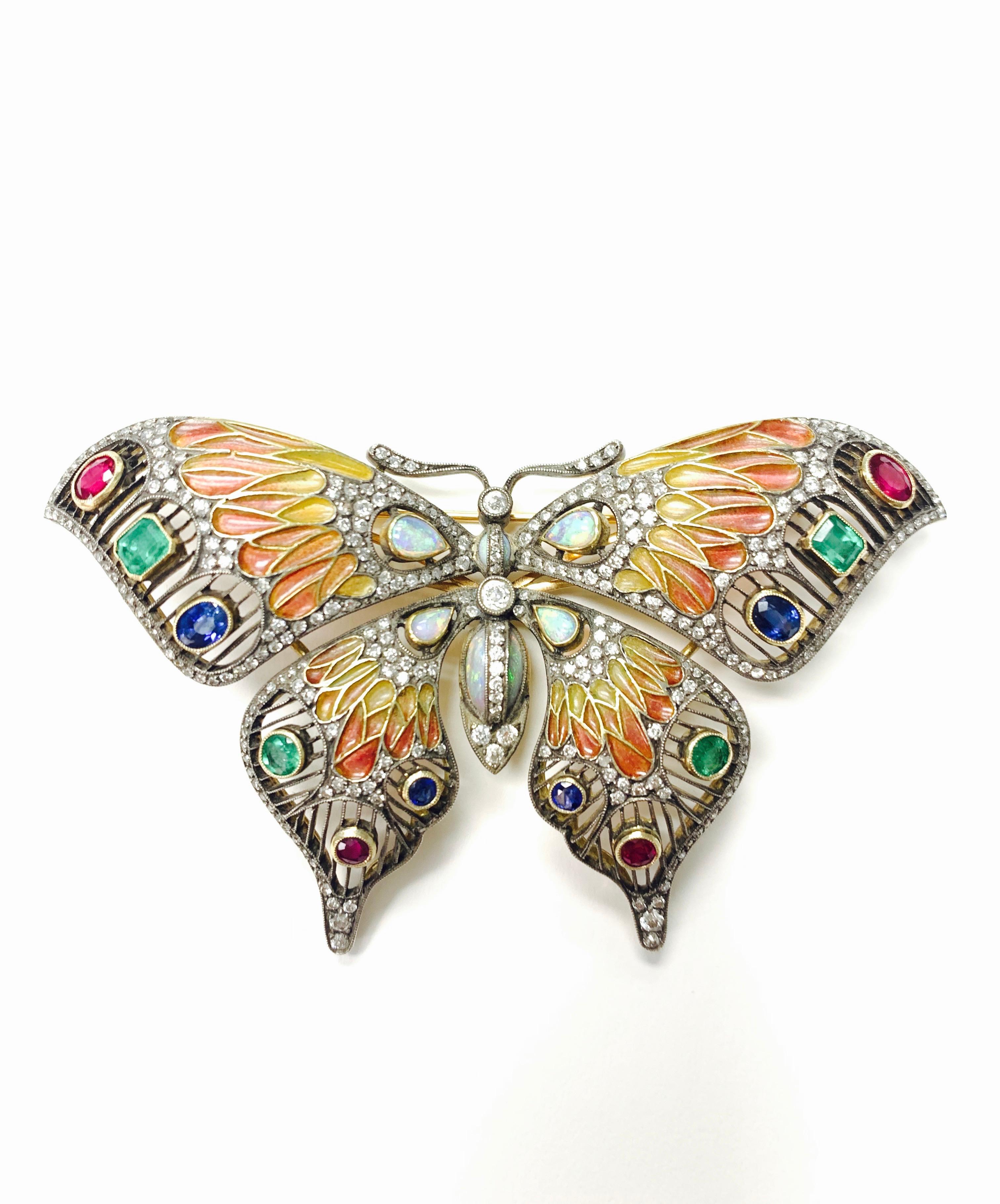 Diamond, Opal, Emerald, Blue Sapphire and Rubies Butterfly Brooch For Sale 1