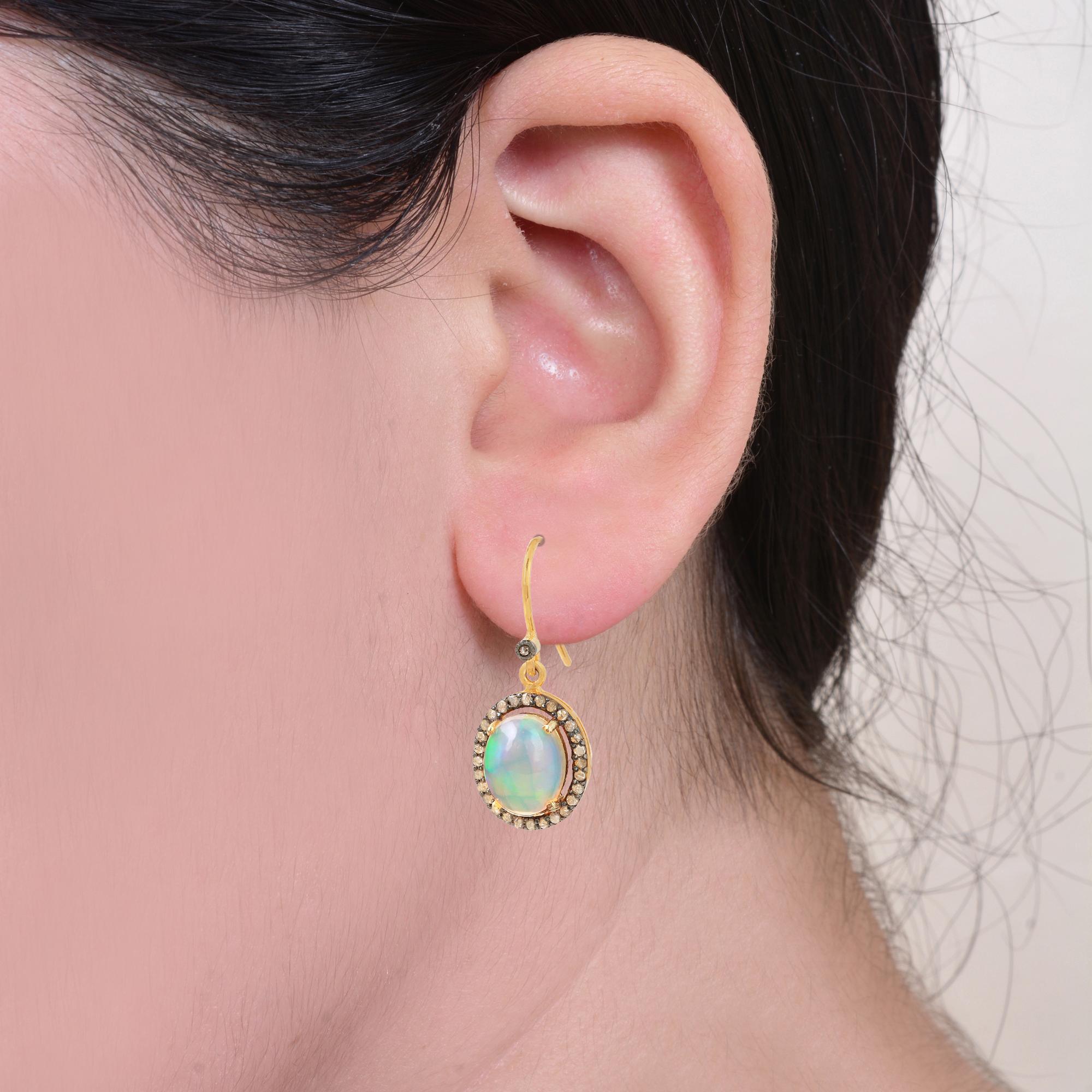Diamond Opal Gold 925 sterling Silver Earring In New Condition In jaipur, IN