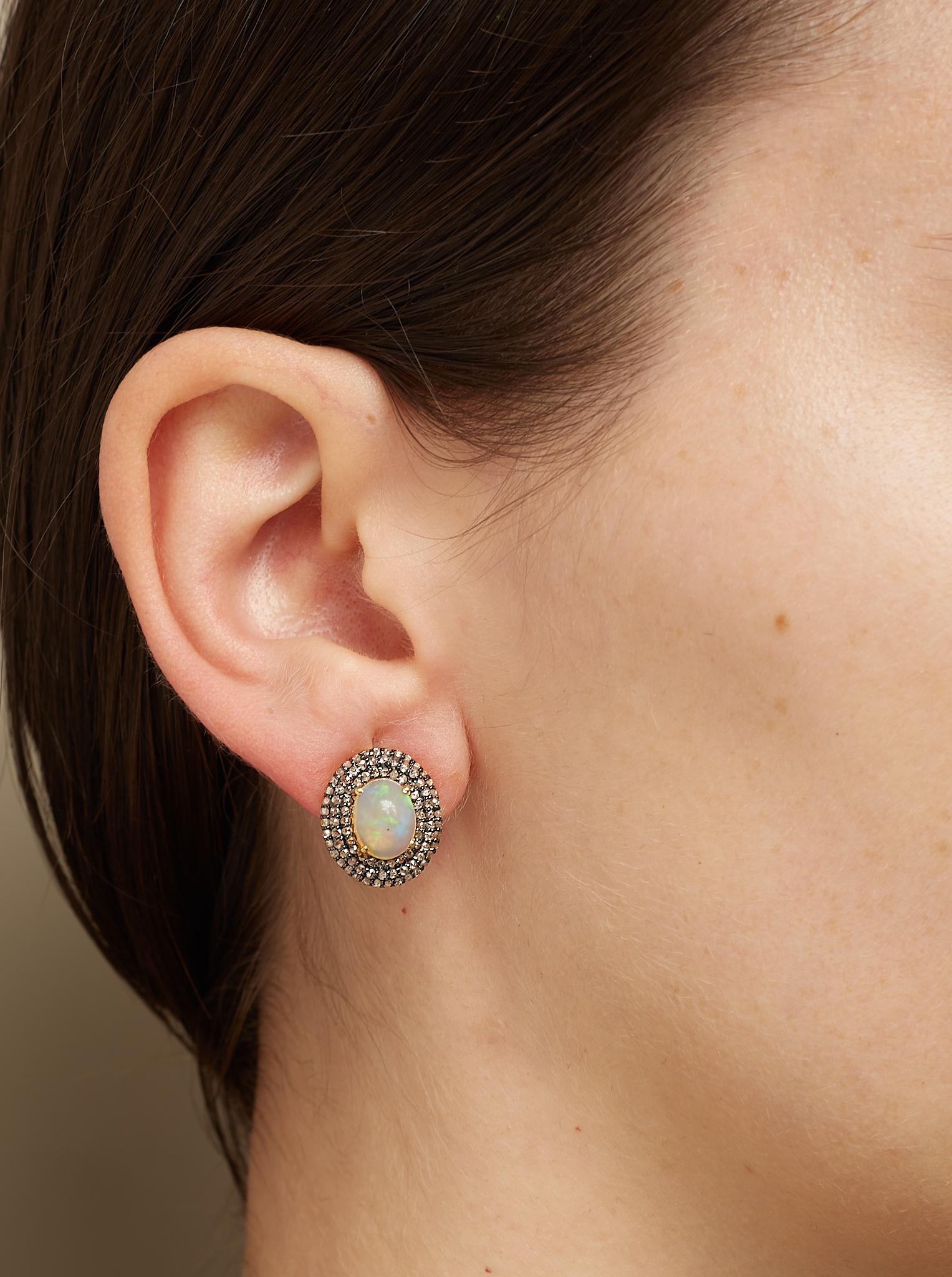 Women's 1.17cts Diamond & 2.15cts Opal Gold 925 sterling Silver Earring