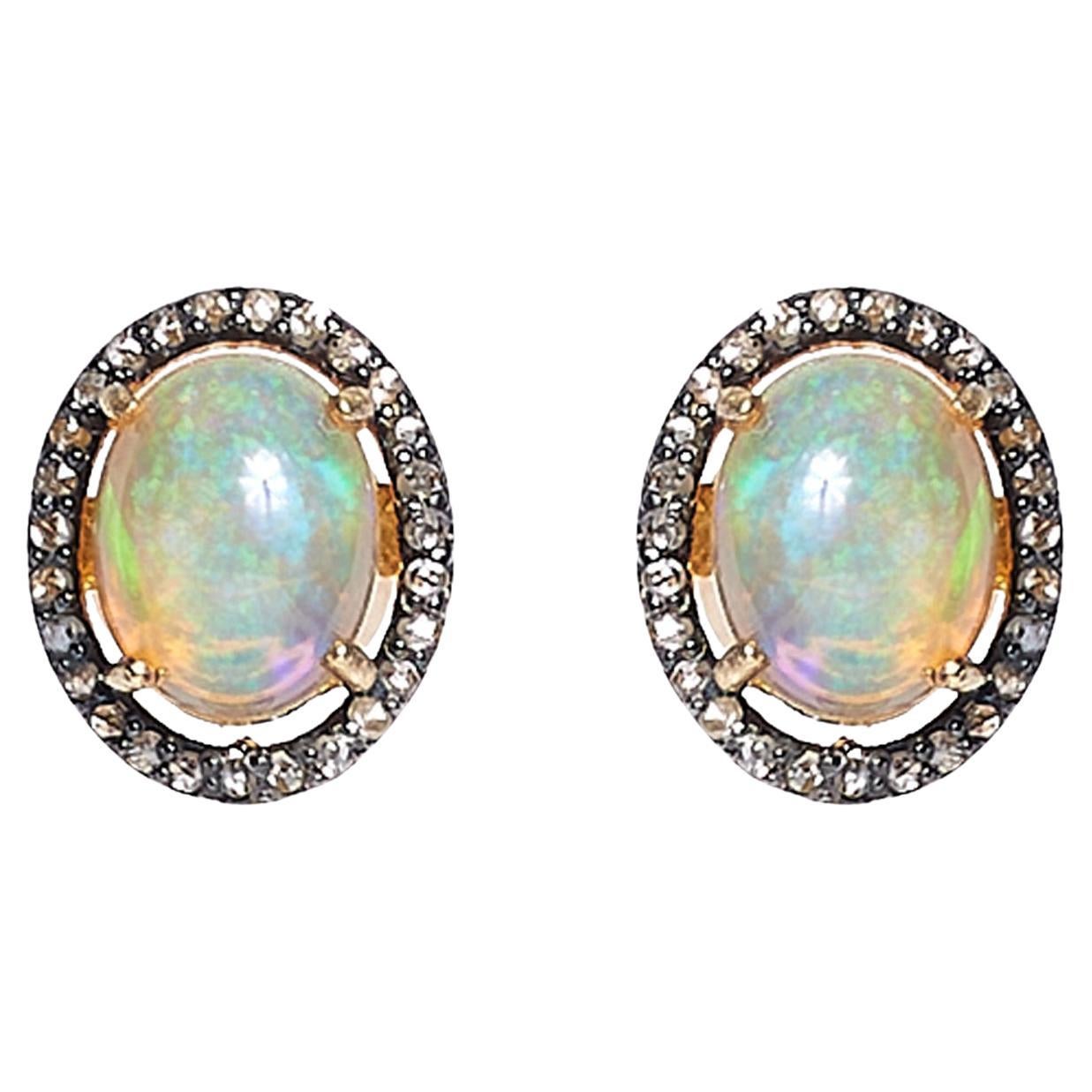 Vintage Opal Sapphire Rhodium Sterling Silver Gold Earrings Estate Fine