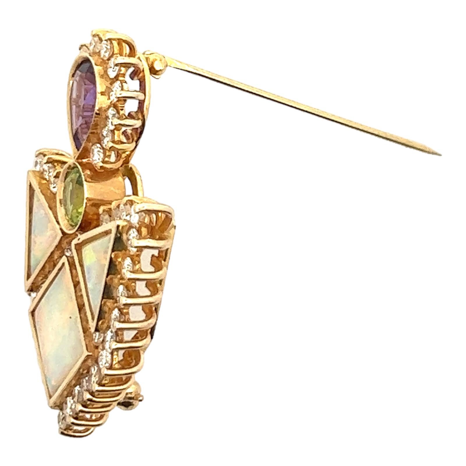 Round Cut Diamond Opal Green Tourmaline Amethyst Yellow Gold Contemporary Brooch Pin  For Sale