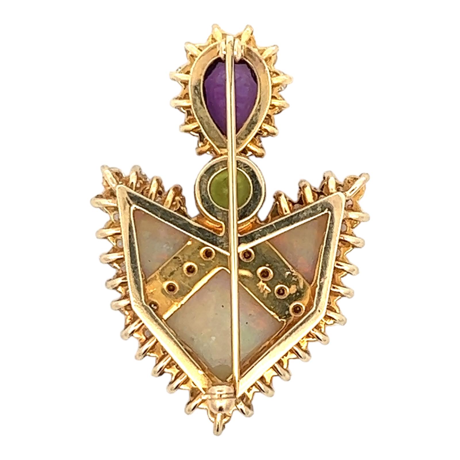 Diamond Opal Green Tourmaline Amethyst Yellow Gold Contemporary Brooch Pin  In Excellent Condition For Sale In Boca Raton, FL
