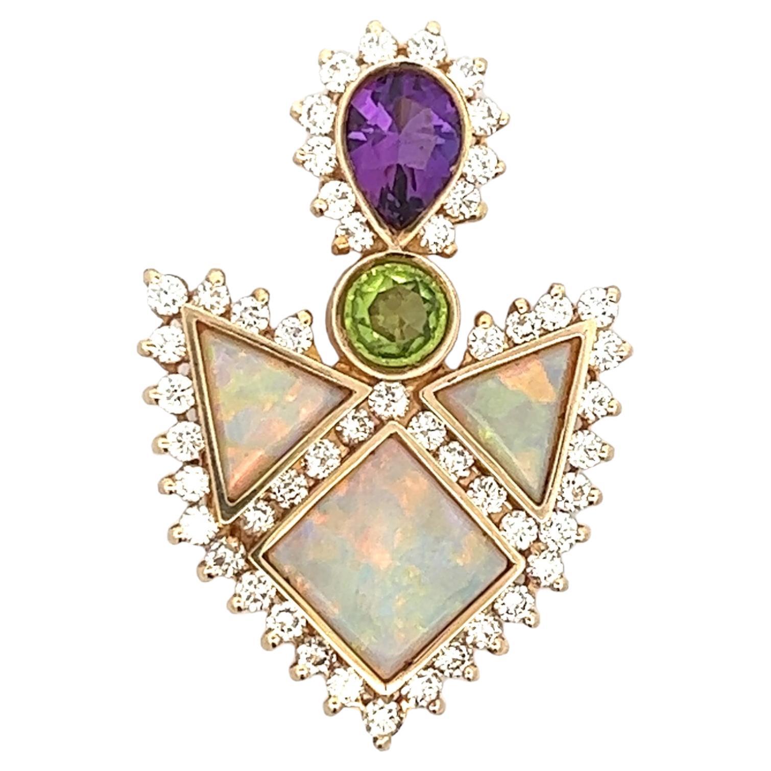 Diamond Opal Green Tourmaline Amethyst Yellow Gold Contemporary Brooch Pin 