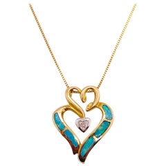 Diamond Opal Heart Necklace Triple Heart Love Pendant and Chain in 14 Karat Gold