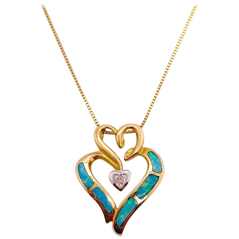 Diamond Opal Heart Necklace Triple Heart Love Pendant and Chain in 14 Karat Gold For Sale