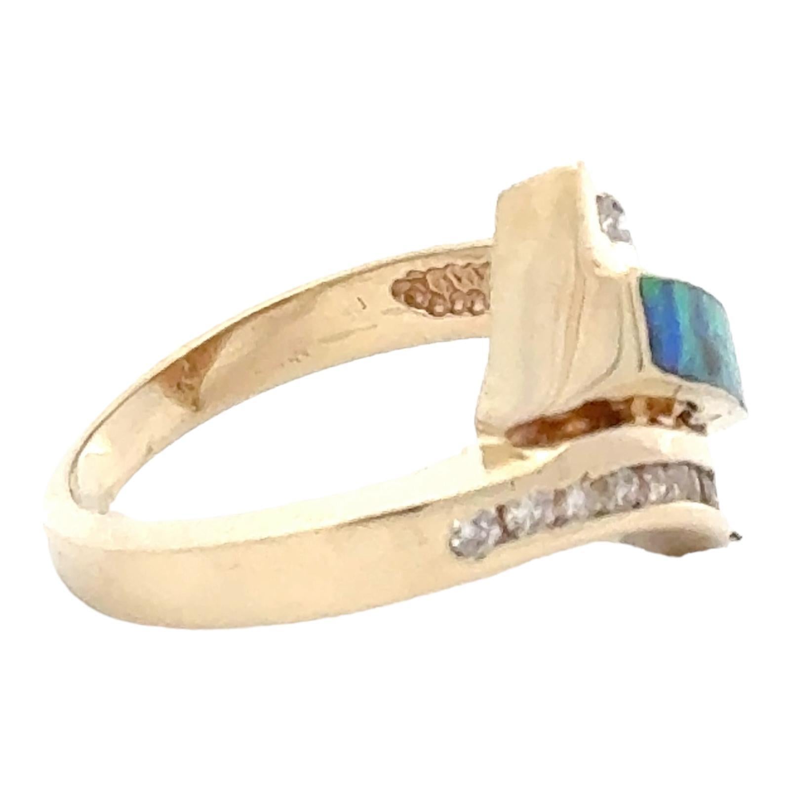 Brilliant Cut Diamond & Opal Inlay 14 Karat Yellow Gold Bypass Ring For Sale