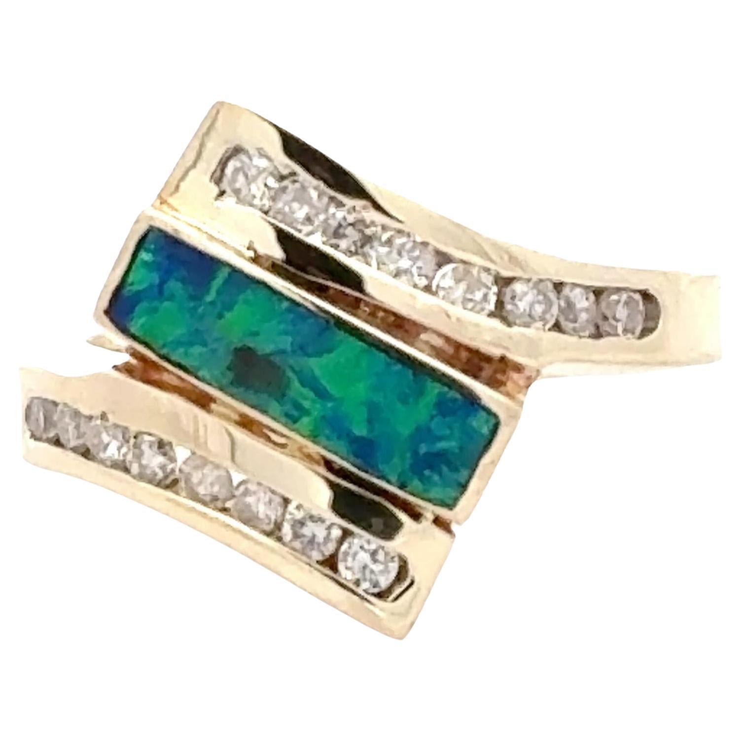 Diamond & Opal Inlay 14 Karat Yellow Gold Bypass Ring For Sale