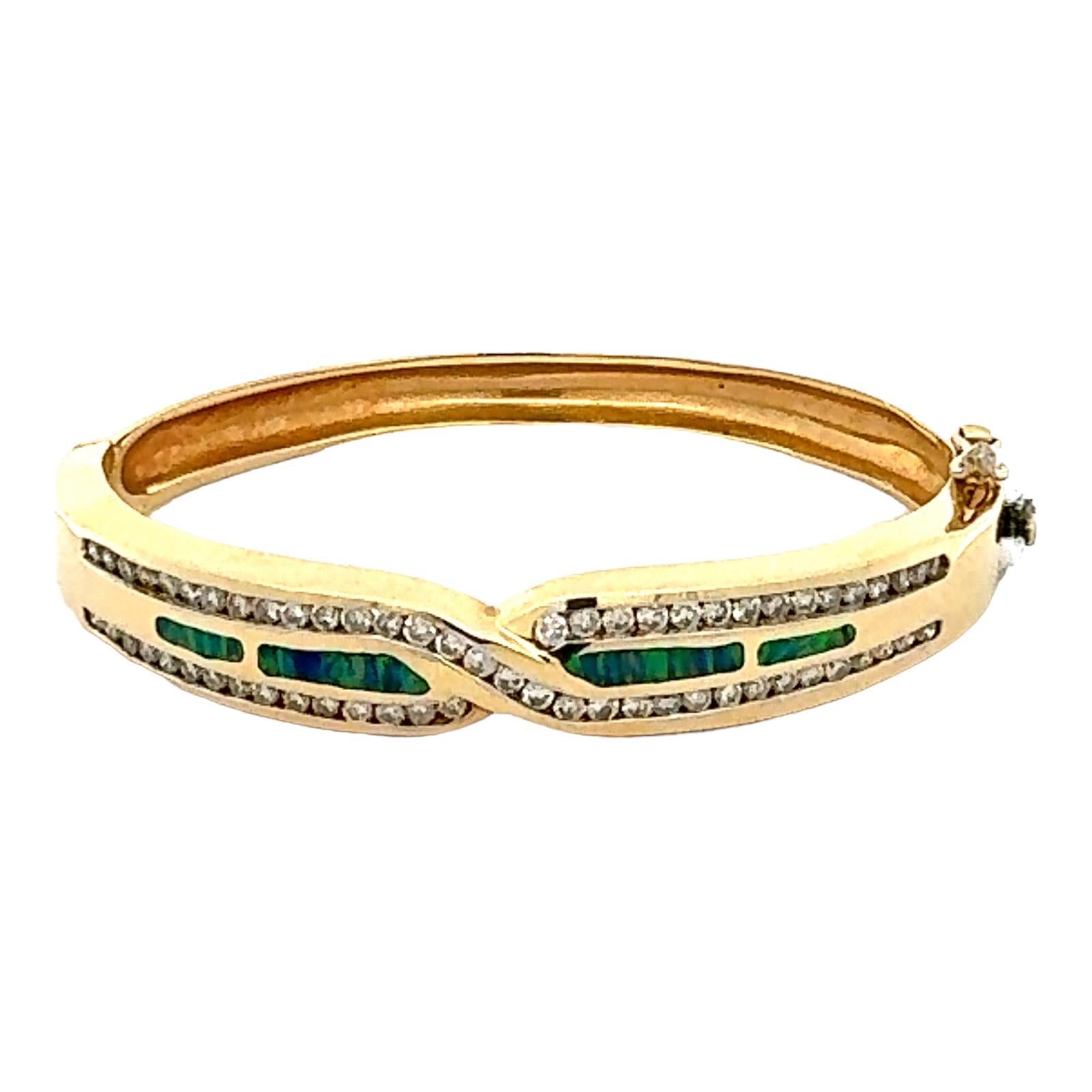Modern Diamond Opal Inlay 14 Karat Yellow Gold Hinged Bangle Bracelet For Sale