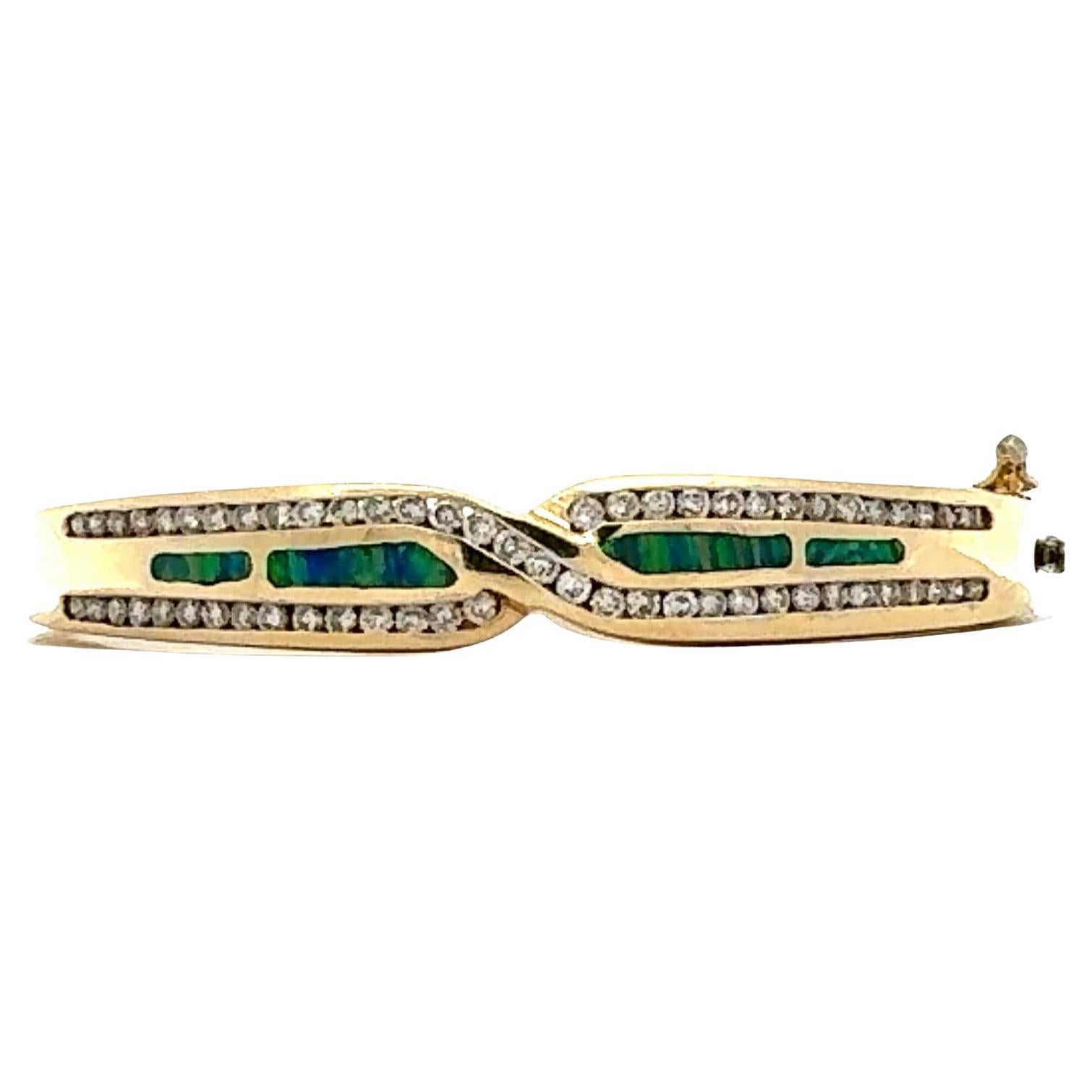Diamond Opal Inlay 14 Karat Yellow Gold Hinged Bangle Bracelet For Sale