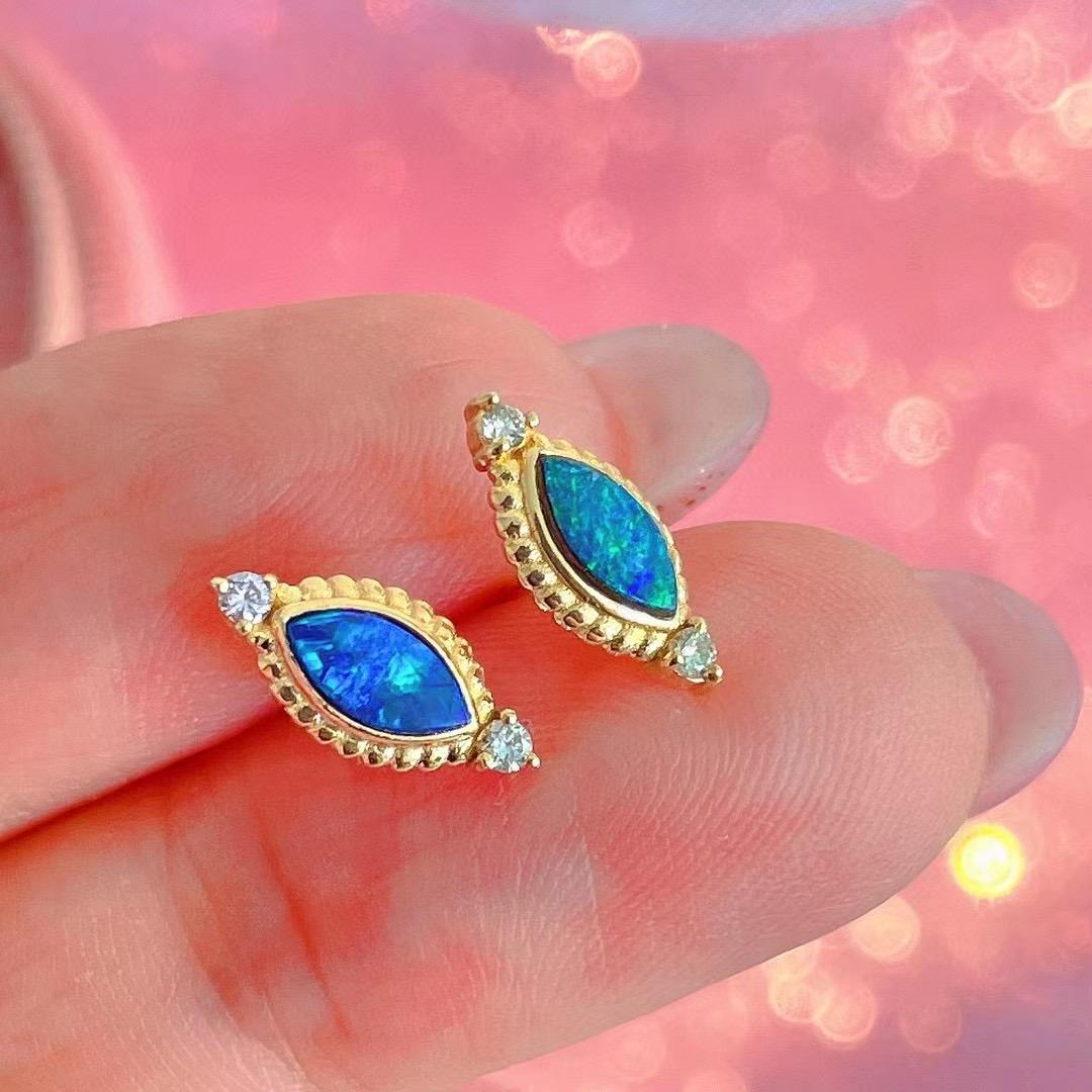 Art Deco diamond opal marquise shape 18k gold earrings 