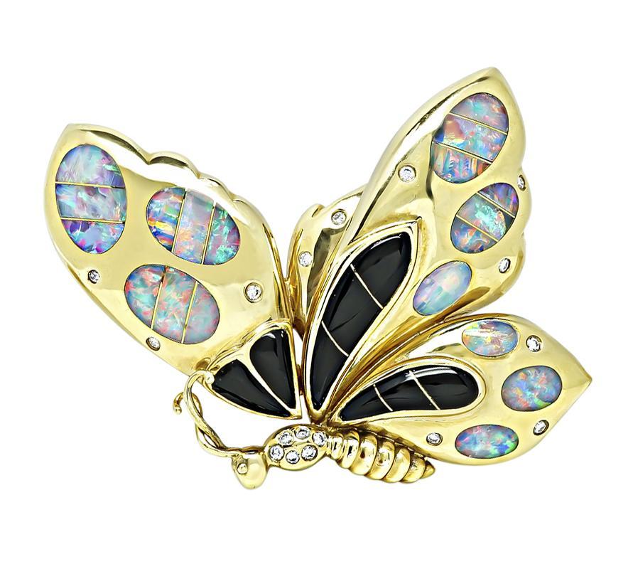 Taille ovale Épingle à papillon en diamant, opale, onyx et or en vente