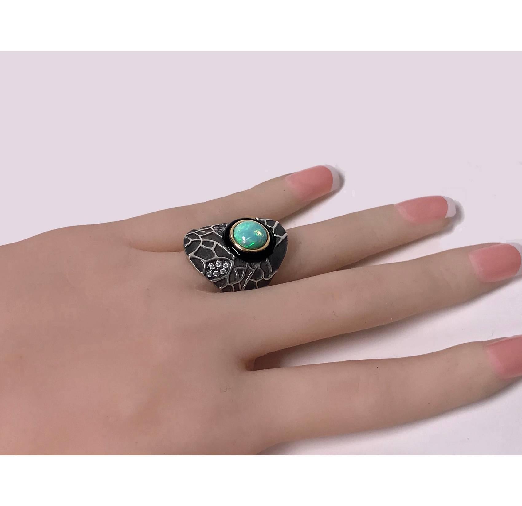 Cabochon Diamond Opal Onyx Silver and Gold Ring
