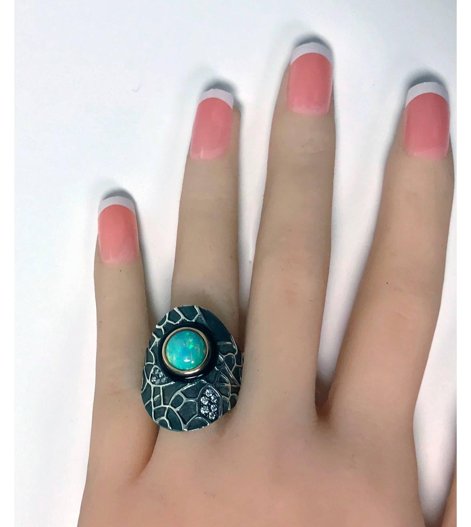 Women's or Men's Diamond Opal Onyx Silver and Gold Ring