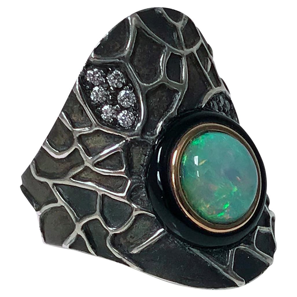 Diamond Opal Onyx Silver and Gold Ring