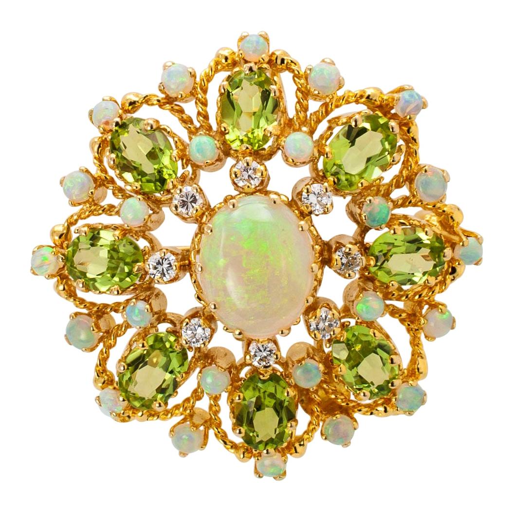 Diamond Opal Peridot and Gold Brooch Pendant