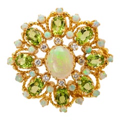 Retro Diamond Opal Peridot and Gold Brooch Pendant