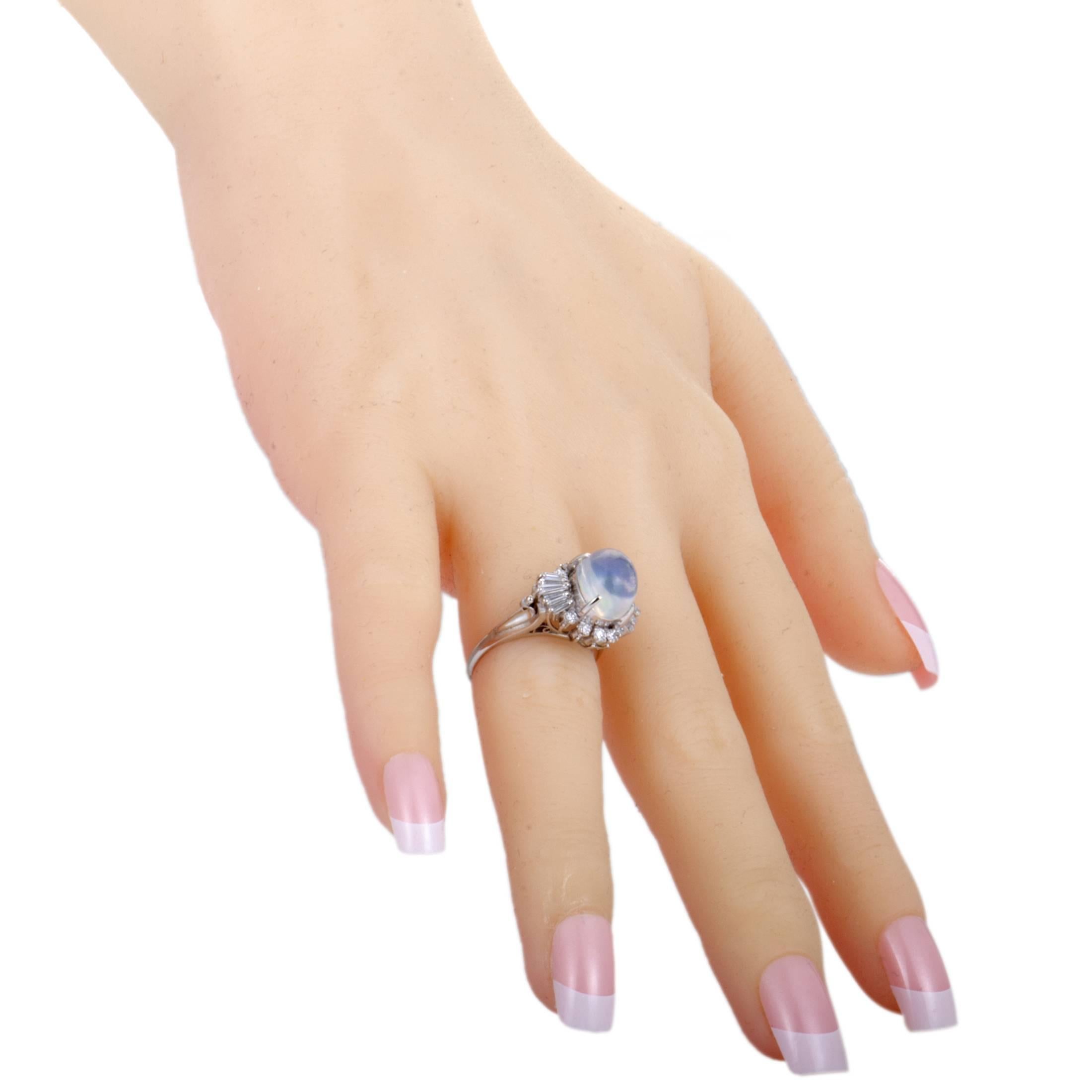 Oval Cut Diamond Opal Platinum Cabochon Ring
