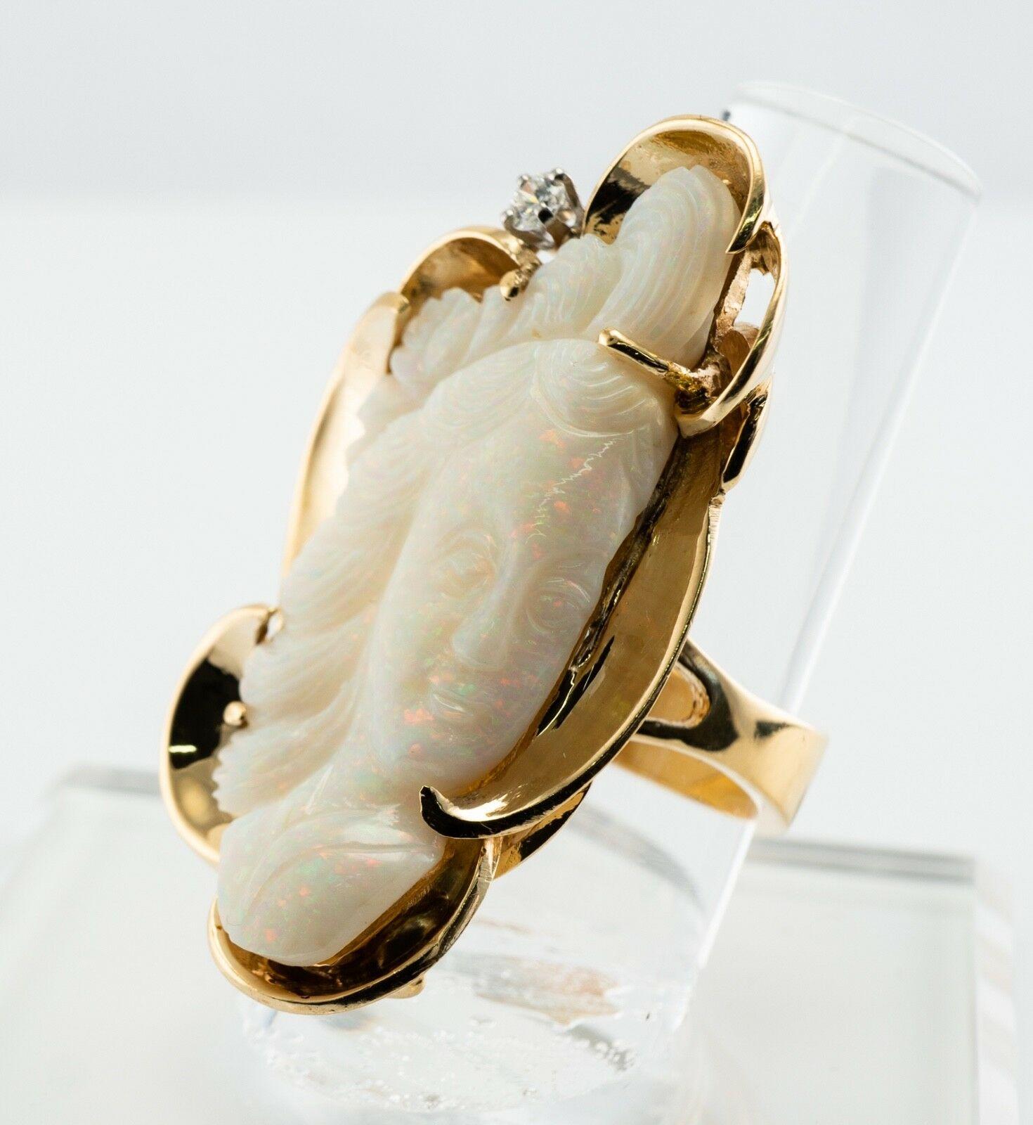 Anello con diamante e opale, cammeo intagliato in oro 14 carati, faccia da cocktail vintage in vendita 5