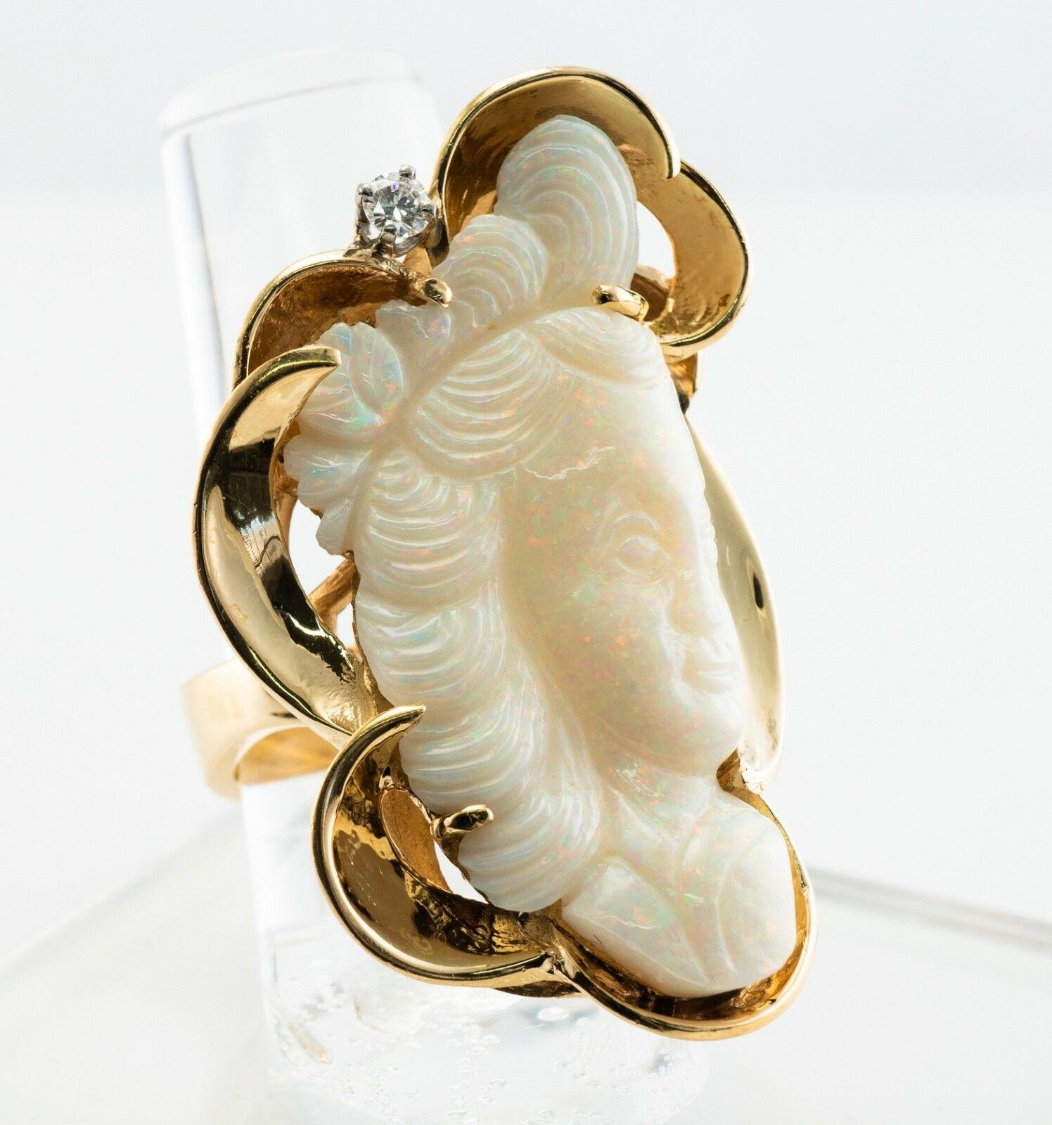 Anello con diamante e opale, cammeo intagliato in oro 14 carati, faccia da cocktail vintage in vendita 6