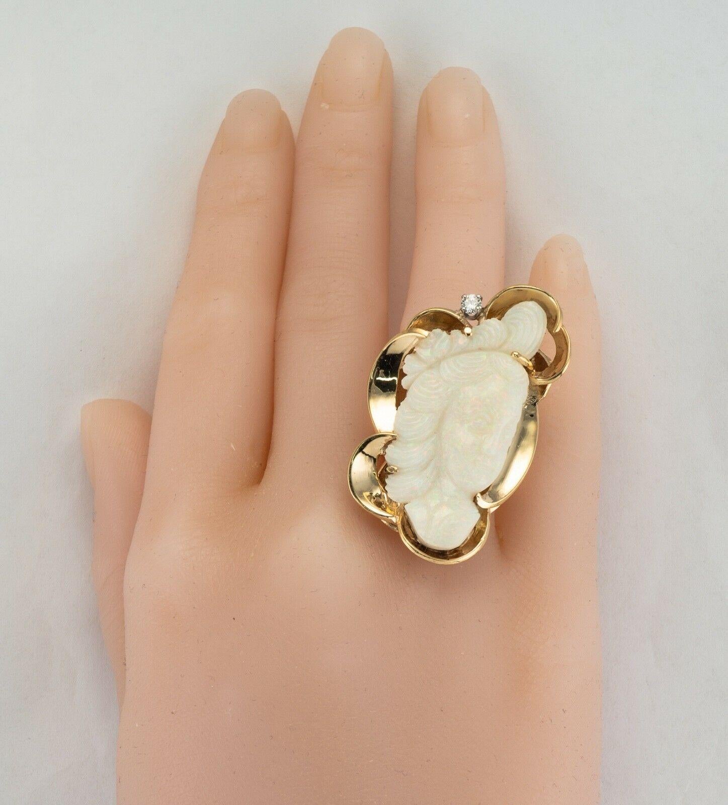 Anello con diamante e opale, cammeo intagliato in oro 14 carati, faccia da cocktail vintage in vendita 7