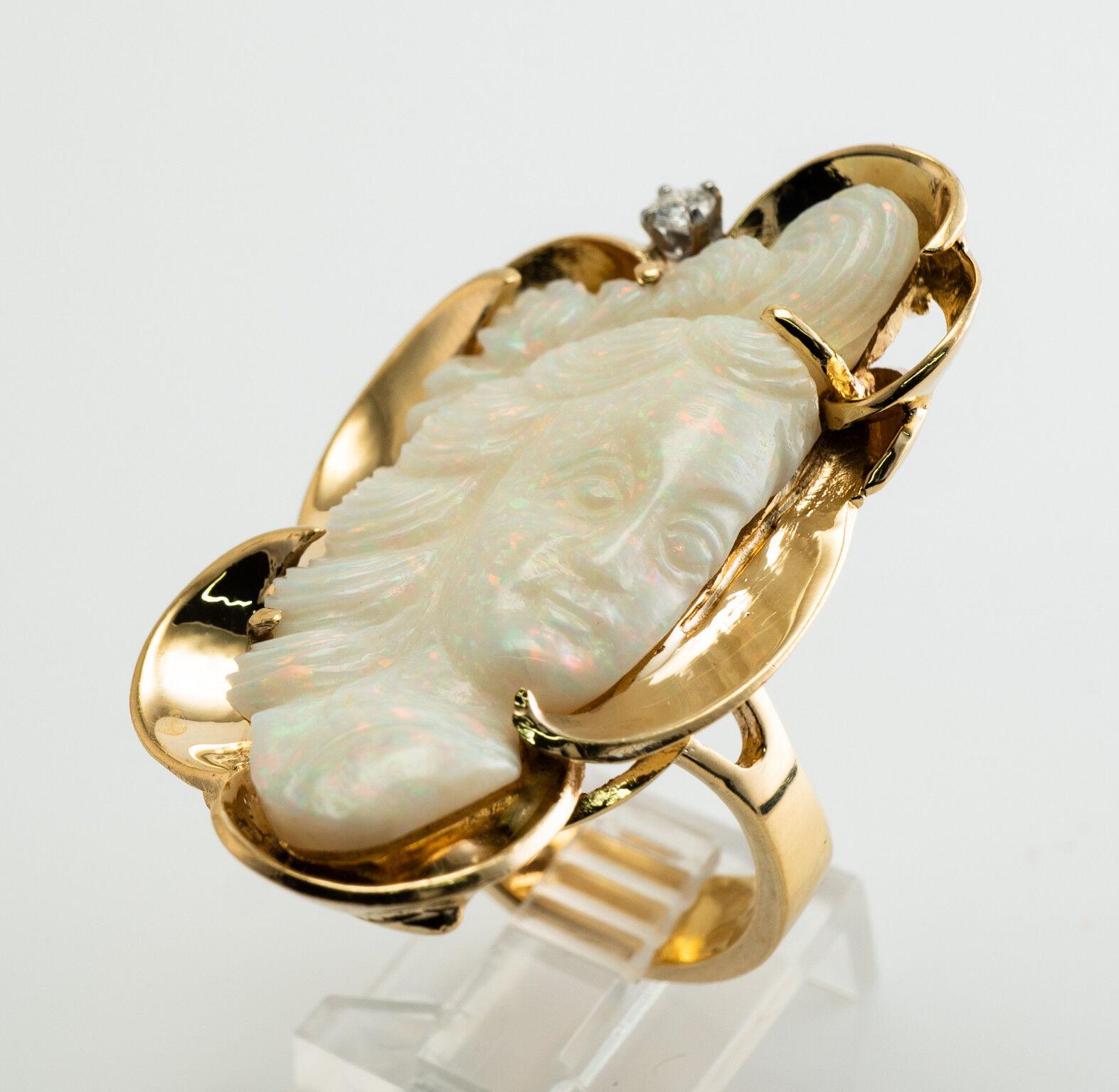 Anello con diamante e opale, cammeo intagliato in oro 14 carati, faccia da cocktail vintage in vendita 2