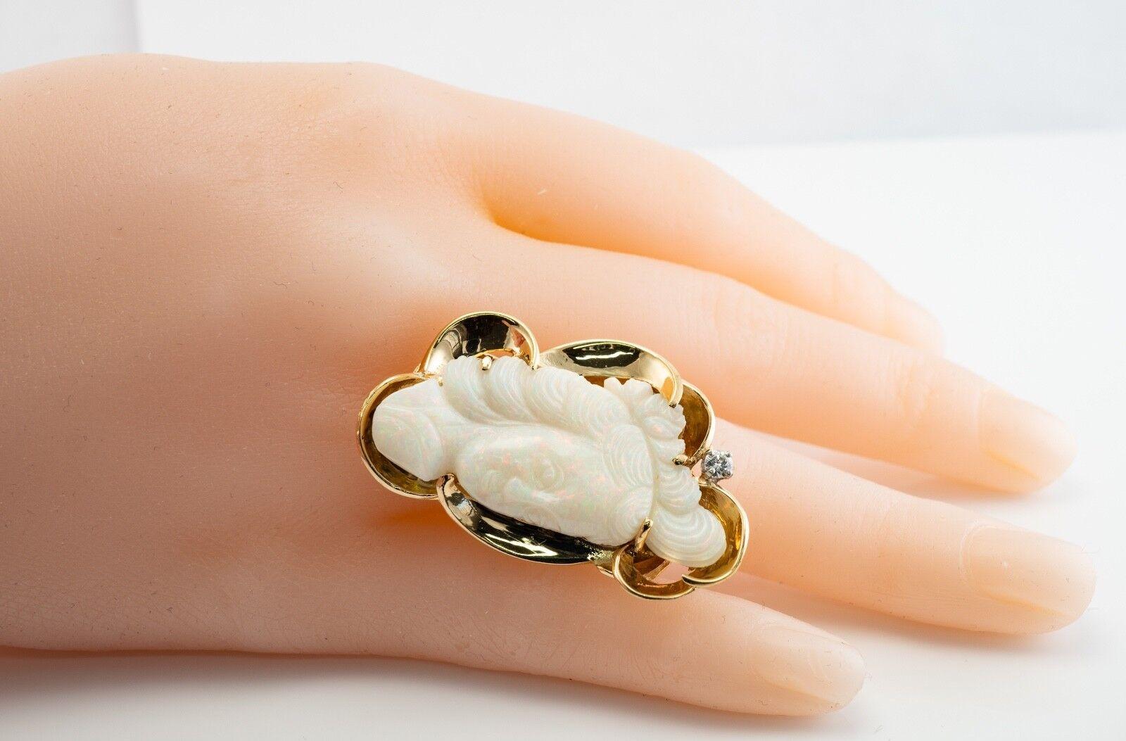 Anello con diamante e opale, cammeo intagliato in oro 14 carati, faccia da cocktail vintage in vendita 3
