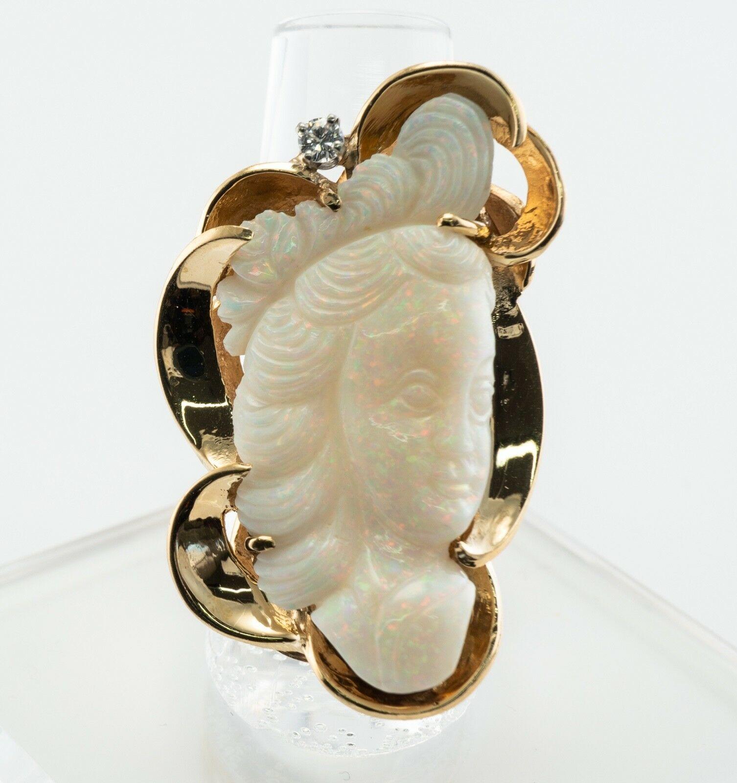 Anello con diamante e opale, cammeo intagliato in oro 14 carati, faccia da cocktail vintage in vendita 4