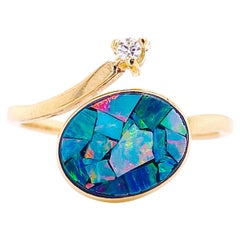 Diamond Opal Ring, One-of-a-kind Mosaic Opal Bypass Ring, Handmade in Our Shop