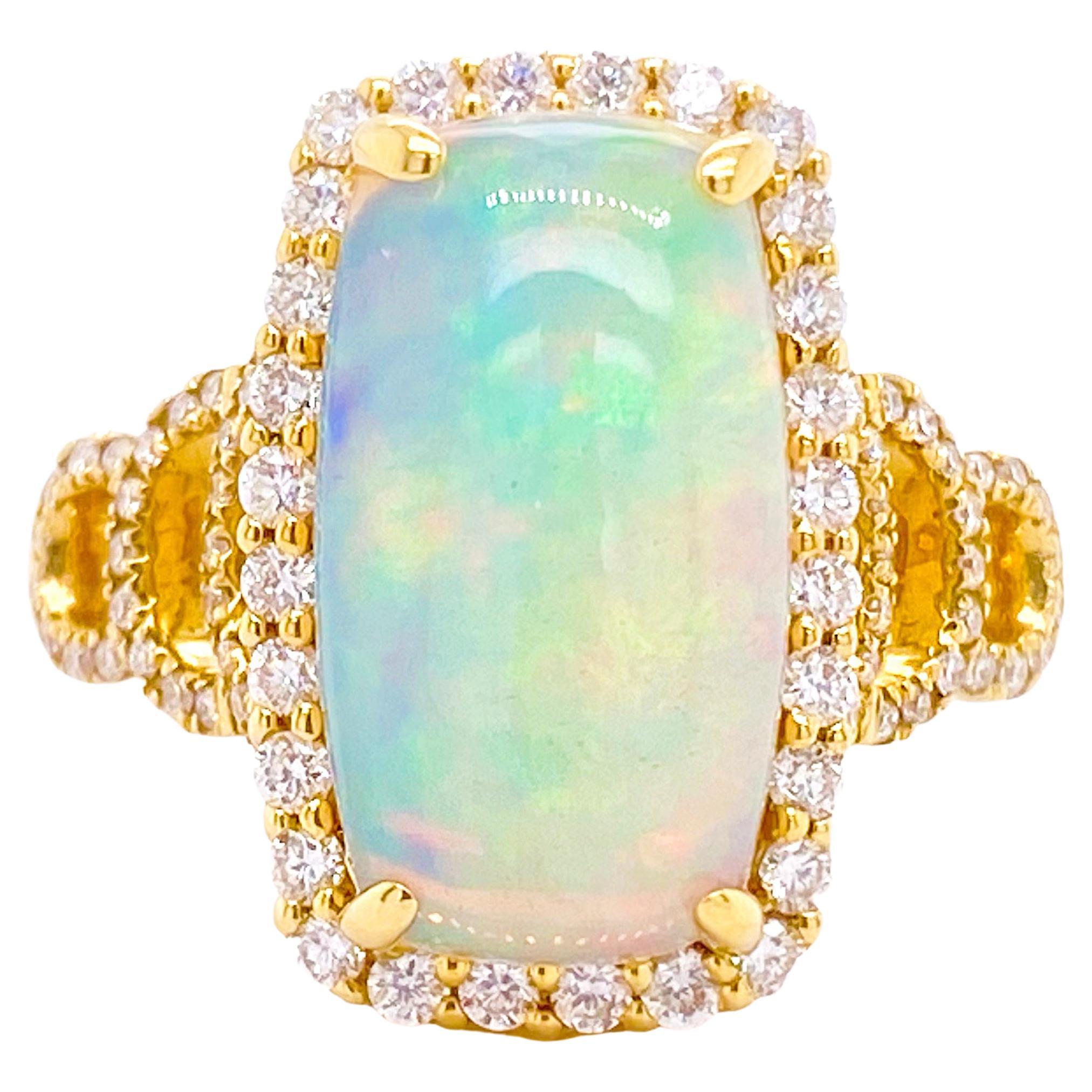 Diamond Opal Ring, Yellow Gold, 3.4ct Cushion Opal with Diamond Halo, 18 Kt Gold For Sale