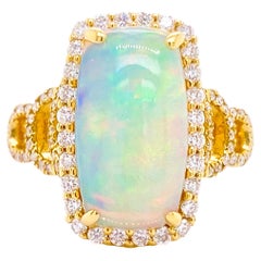 Diamond Opal Ring, Yellow Gold, 3.4ct Cushion Opal with Diamond Halo, 18 Kt Gold